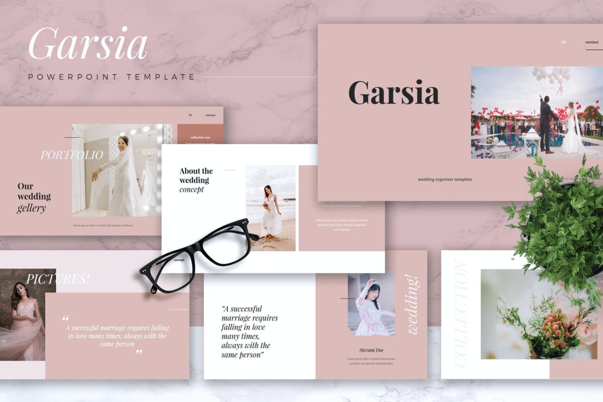 精美粉色系婚礼摄影作品集演示文稿设计模板 GARSIA - Wedding Organization Powerpoint Template_img_2