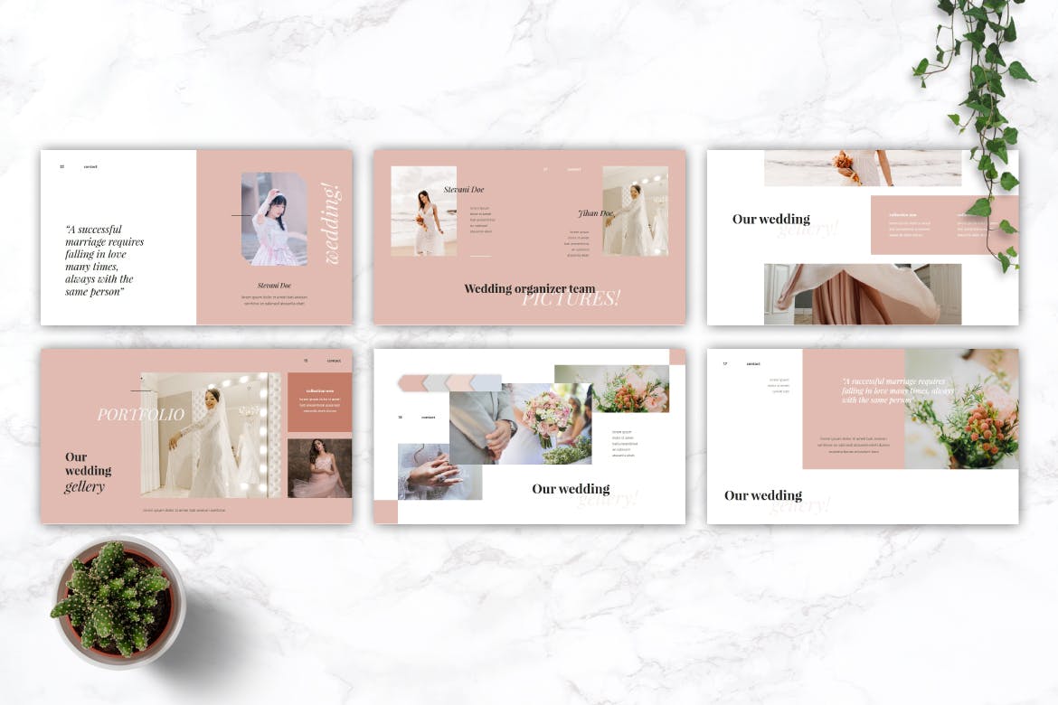 精美粉色系婚礼摄影作品集演示文稿设计模板 GARSIA - Wedding Organization Powerpoint Template_img_2