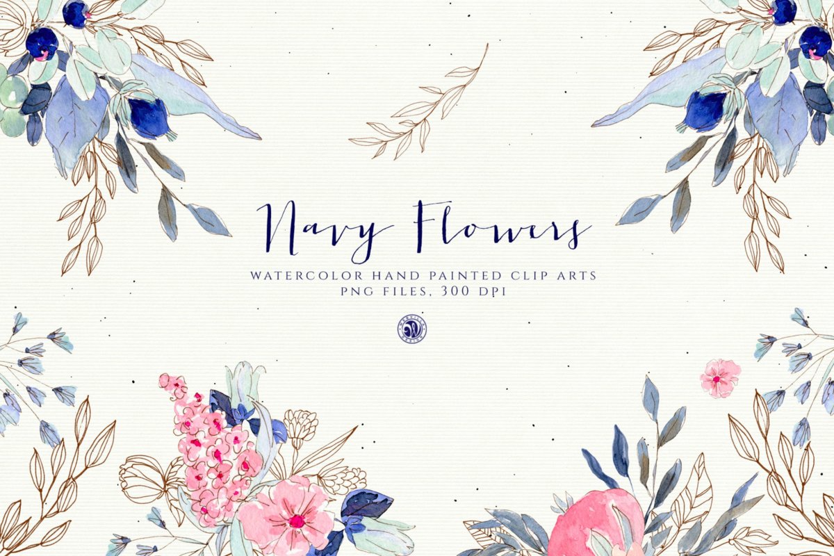 海军蓝手绘花卉水彩剪贴画手绘插画设计素材 Watercolor Navy Flowers_img_2