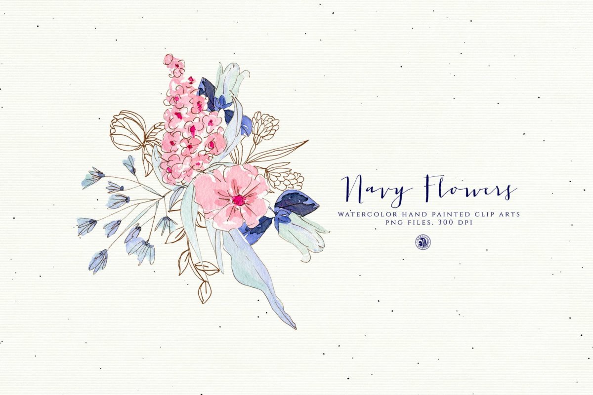 海军蓝手绘花卉水彩剪贴画手绘插画设计素材 Watercolor Navy Flowers_img_2