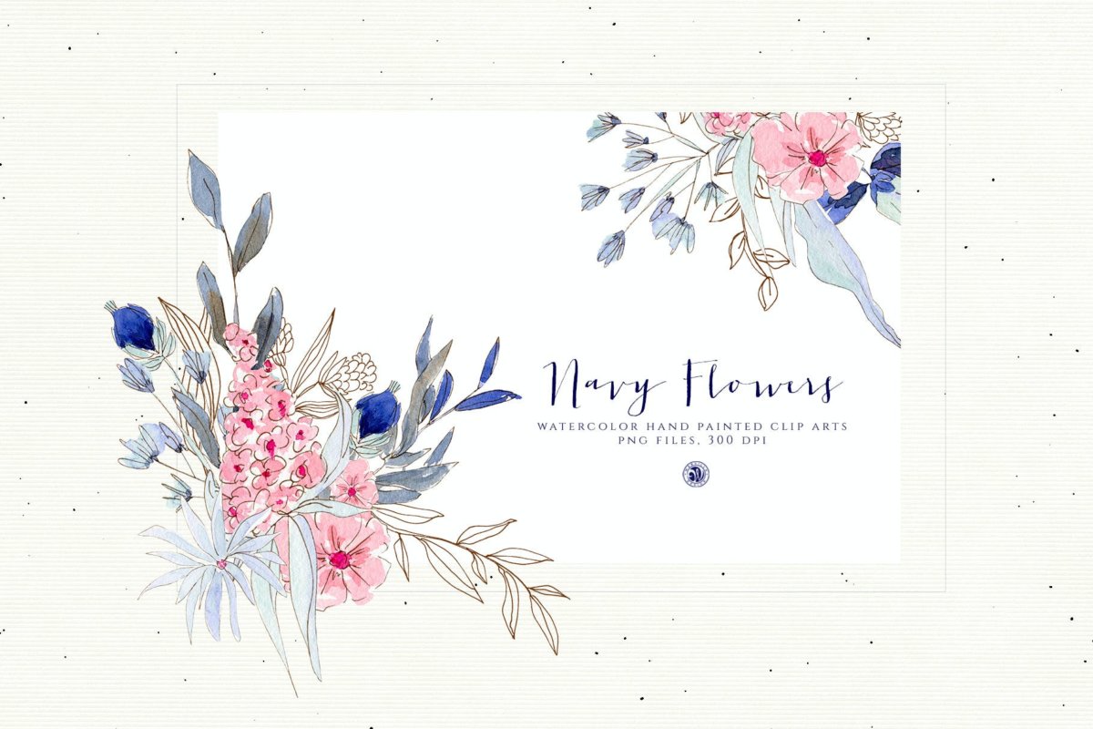 海军蓝手绘花卉水彩剪贴画手绘插画设计素材 Watercolor Navy Flowers_img_2