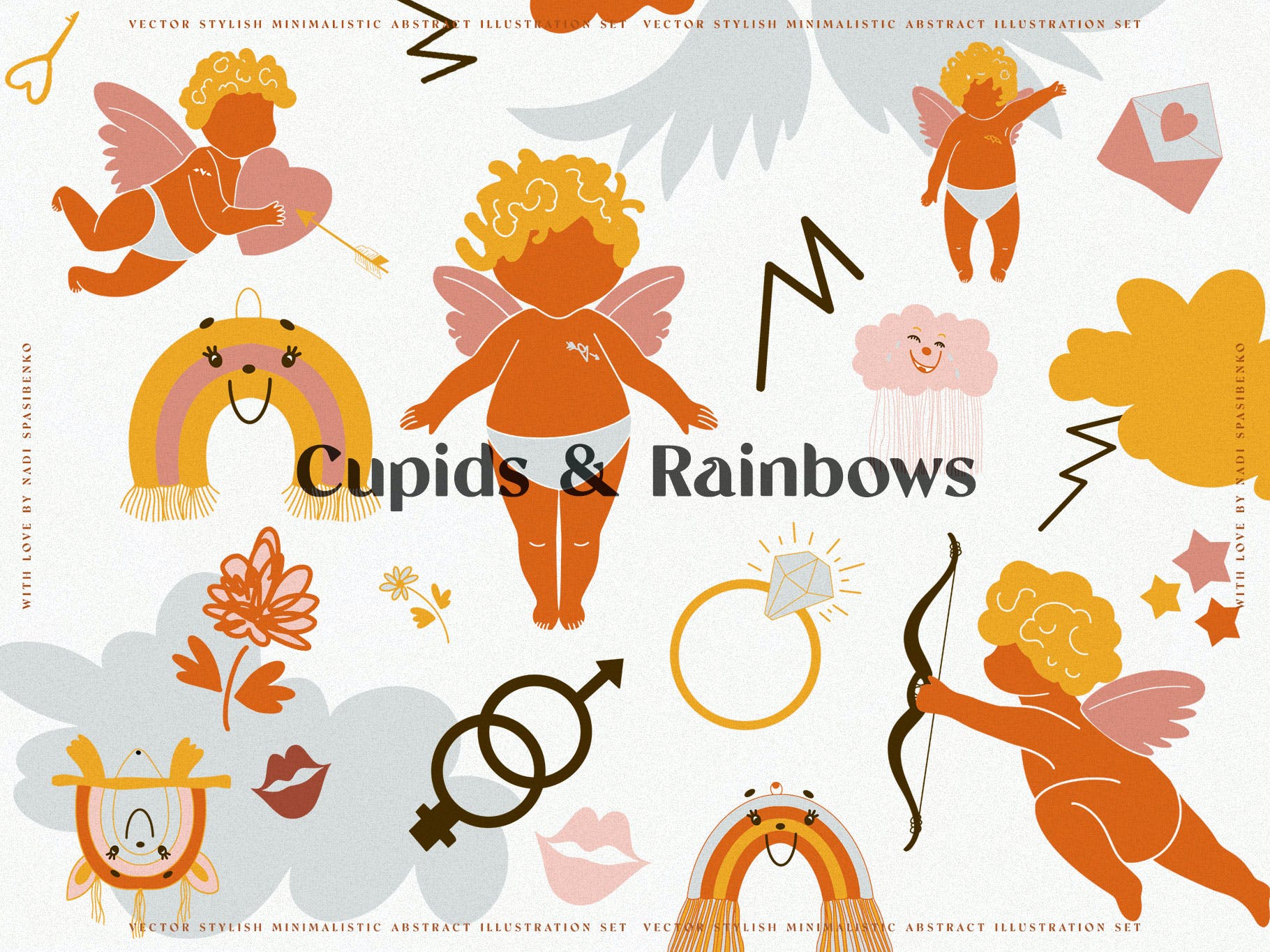 时尚抽象可爱卡通彩虹丘比特元素手绘插画矢量设计素材 Cupids & Cute Rainbows_img_2