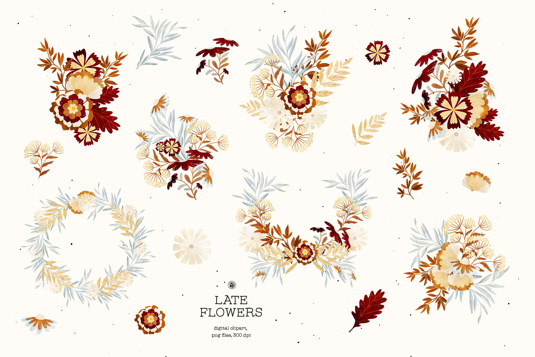 18个高清植物花圈手绘水彩画PNG透明图片合集 Late Flowers - Digital Clipart Set_img_2