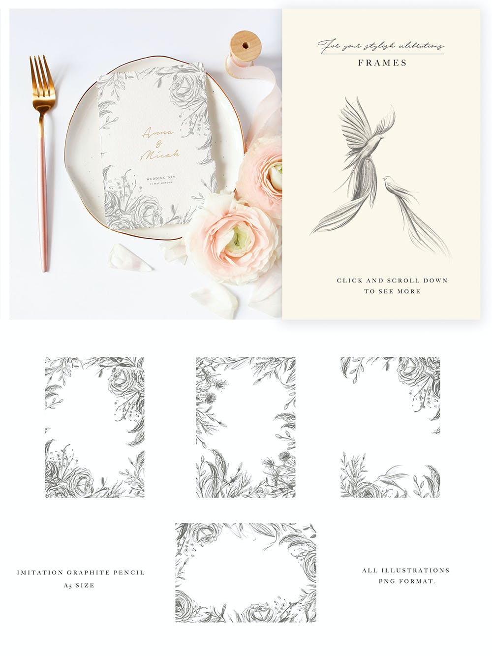 极简婚礼元素花卉树枝Logo铅笔素描手绘矢量设计素材 Wedding Graphic Logo & Pencil Flower_img_2