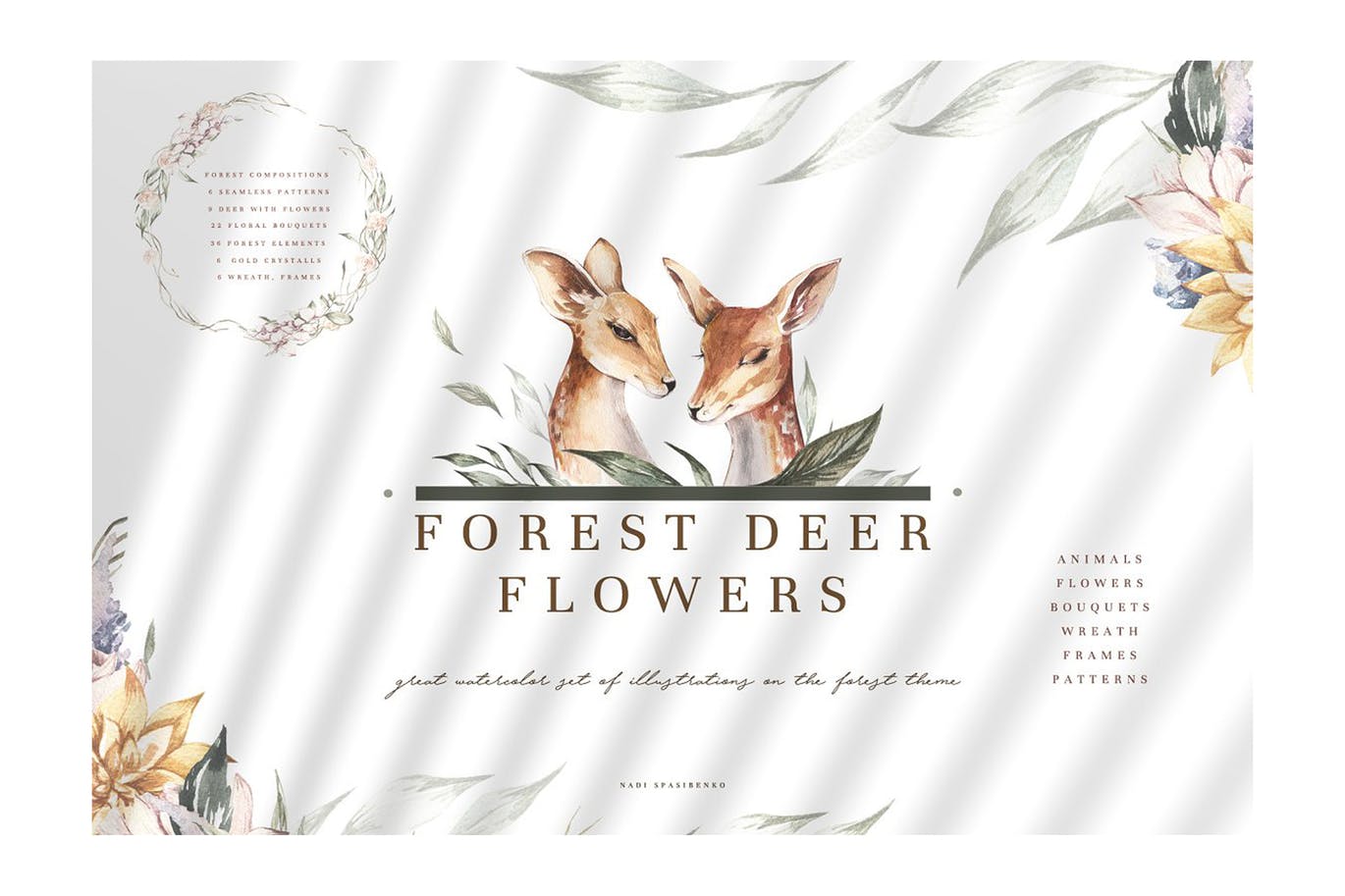 时尚花卉小鹿手绘水彩画无缝隙图案设计素材 Forest Deer & Flowers_img_2