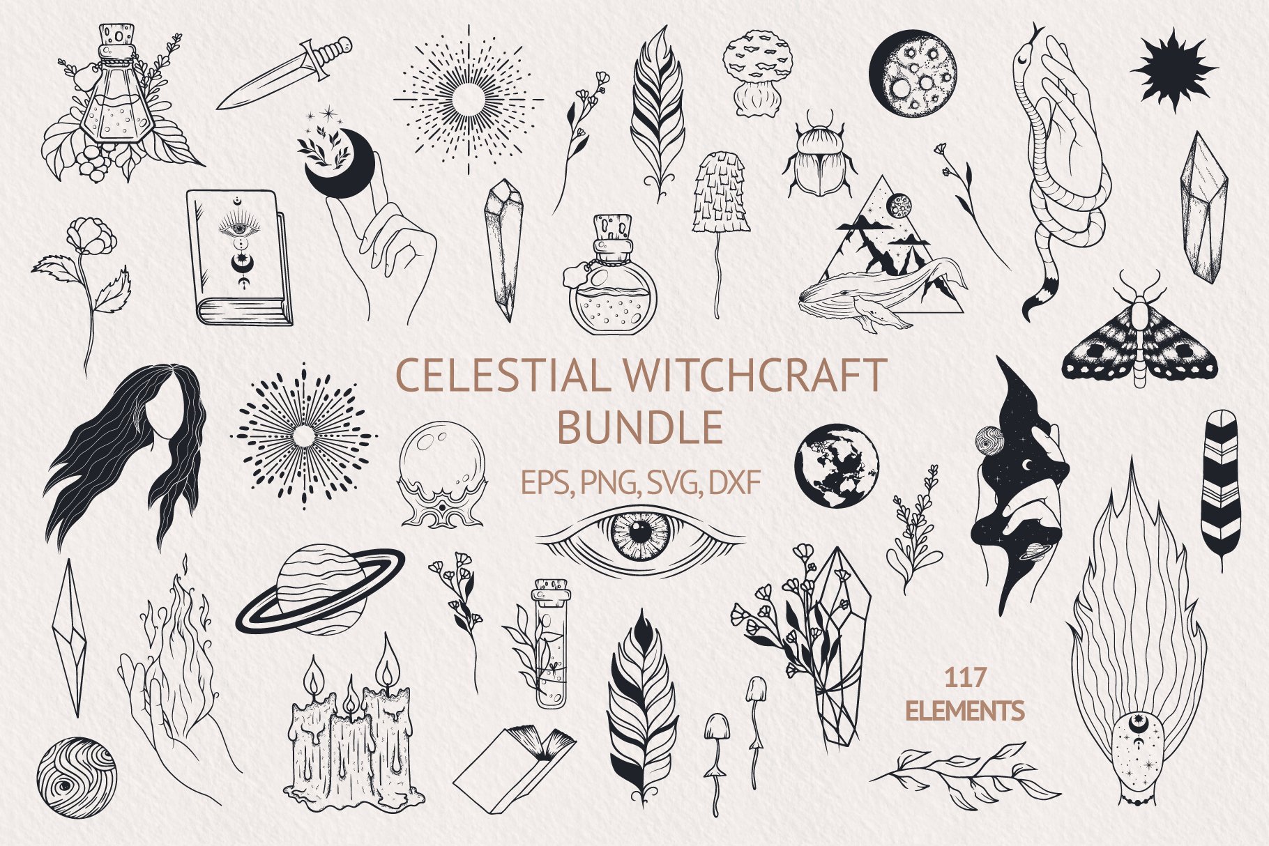 117种神秘巫术水晶植物天体手绘剪贴画矢量设计素材 Hand Drawn Celestial Witchcraft Bundle_img_1