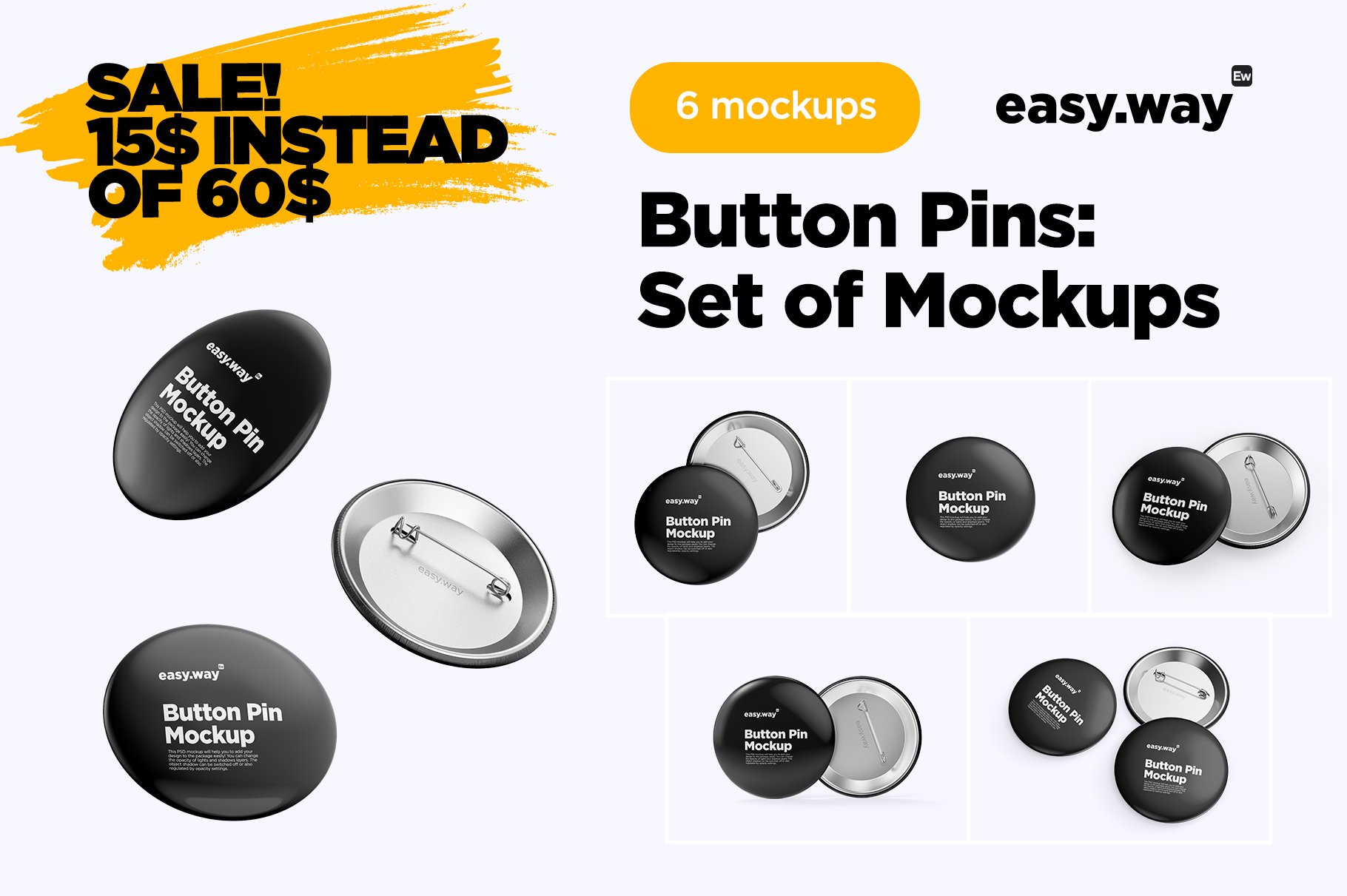 6个别针纽扣胸牌设计贴图PSD样机合集 Button Pins PSD Mockups Set_img_2