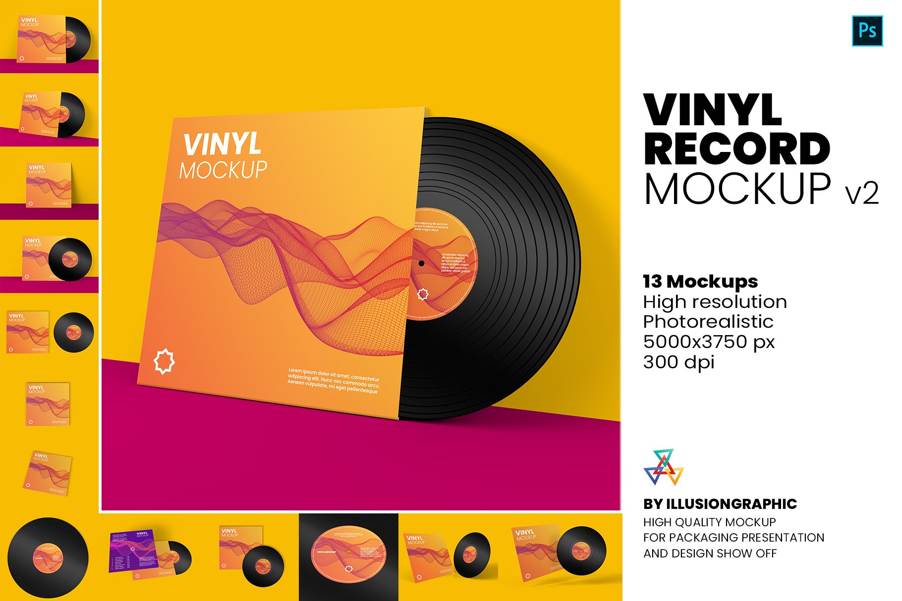 13个黑胶唱片封套封面设计样机PSD模板 Vinyl Record Mockup v.2_img_2