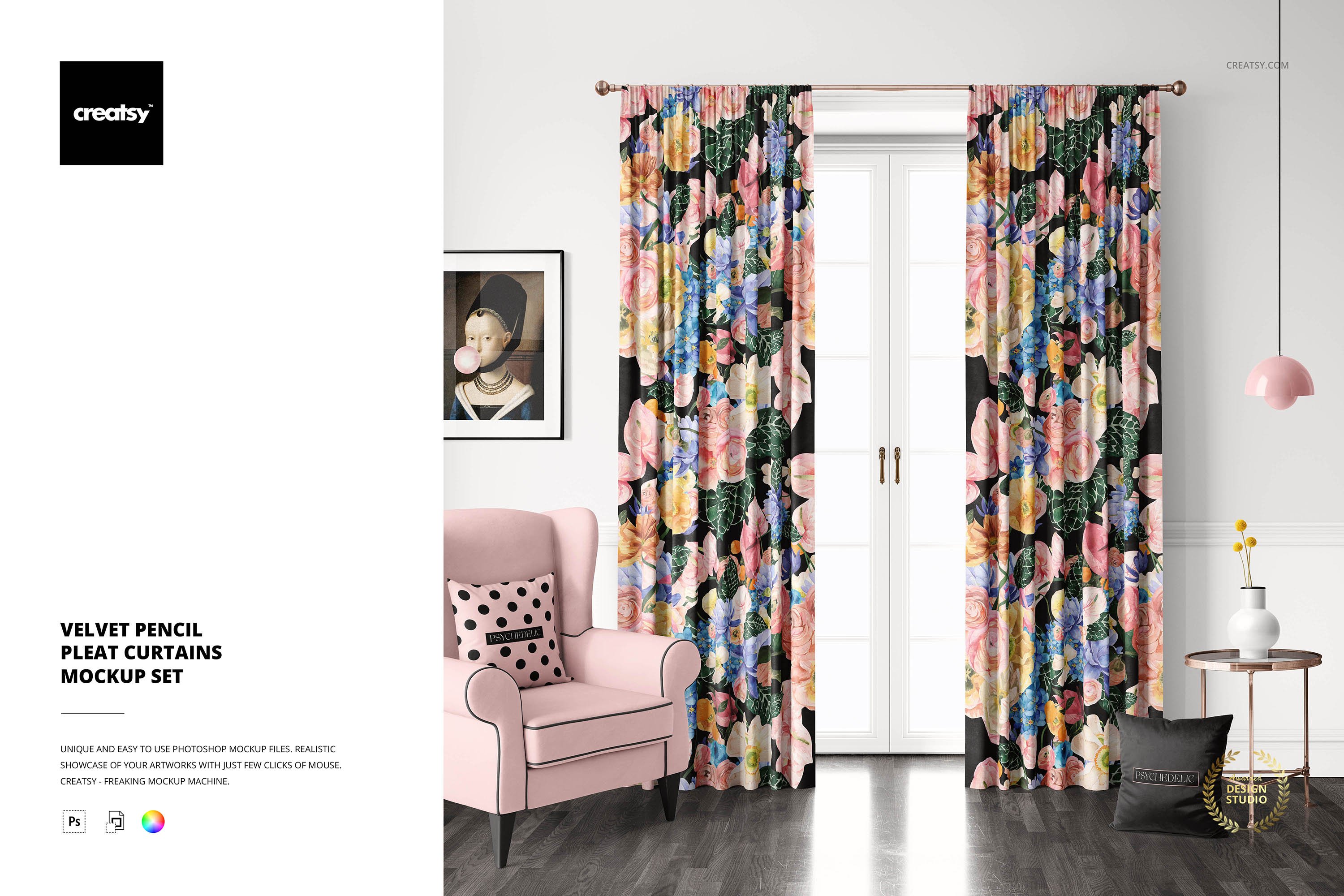 天鹅绒铅笔褶窗帘印花图案设计PS智能贴图样机 Velvet Pencil Pleat Curtains Mockup_img_2