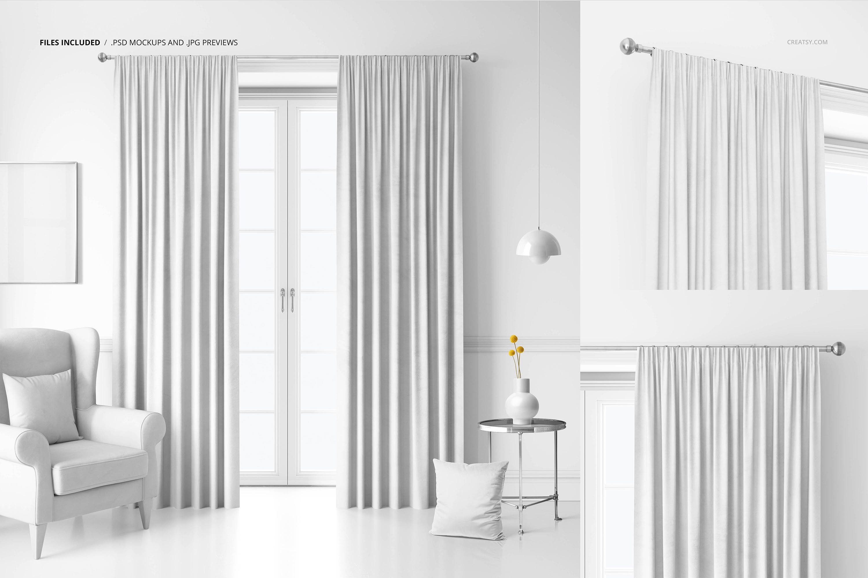 天鹅绒铅笔褶窗帘印花图案设计PS智能贴图样机 Velvet Pencil Pleat Curtains Mockup_img_2