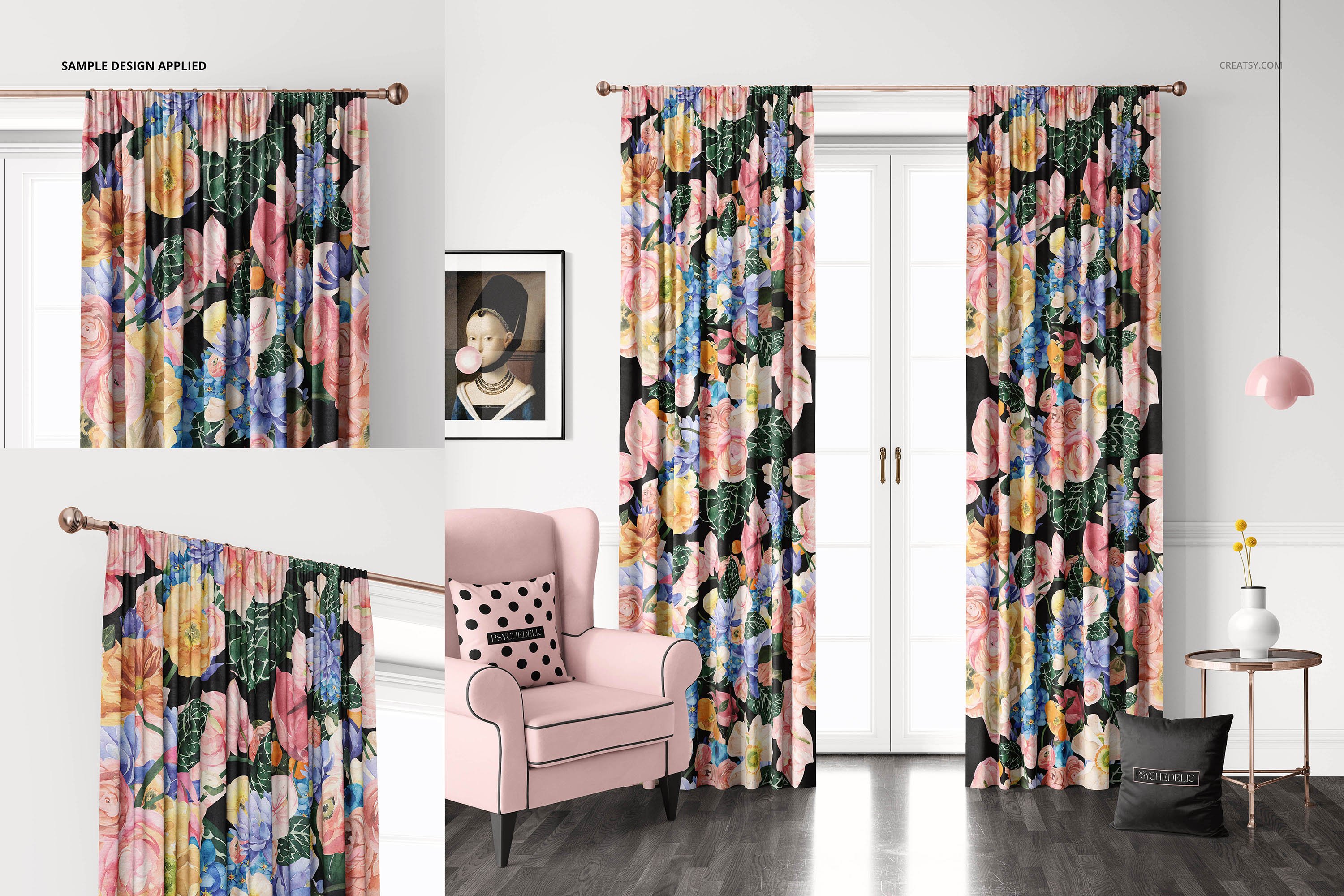 天鹅绒铅笔褶窗帘印花图案设计PS智能贴图样机 Velvet Pencil Pleat Curtains Mockup_img_2