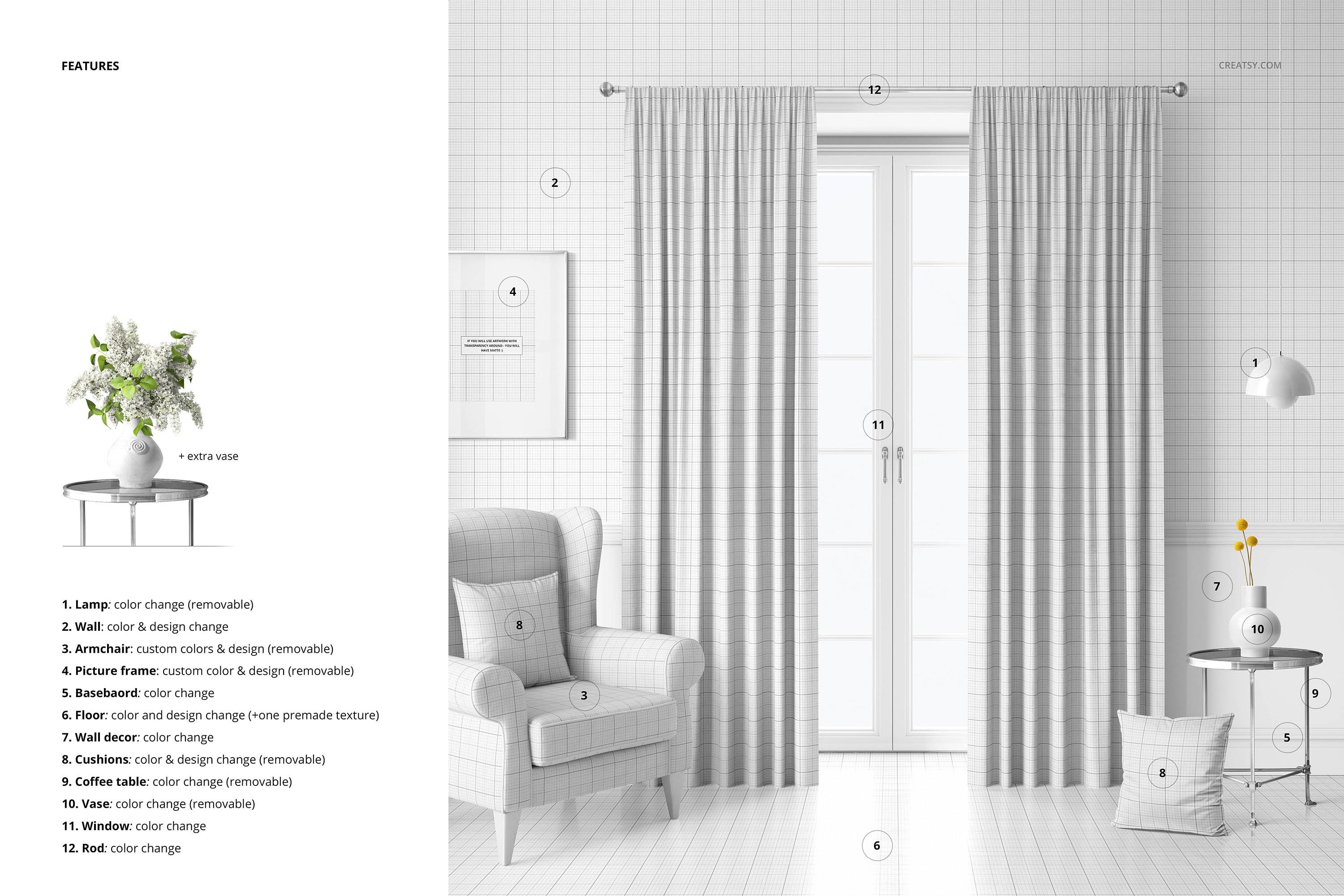 天鹅绒铅笔褶窗帘印花图案设计PS智能贴图样机 Velvet Pencil Pleat Curtains Mockup_img_2