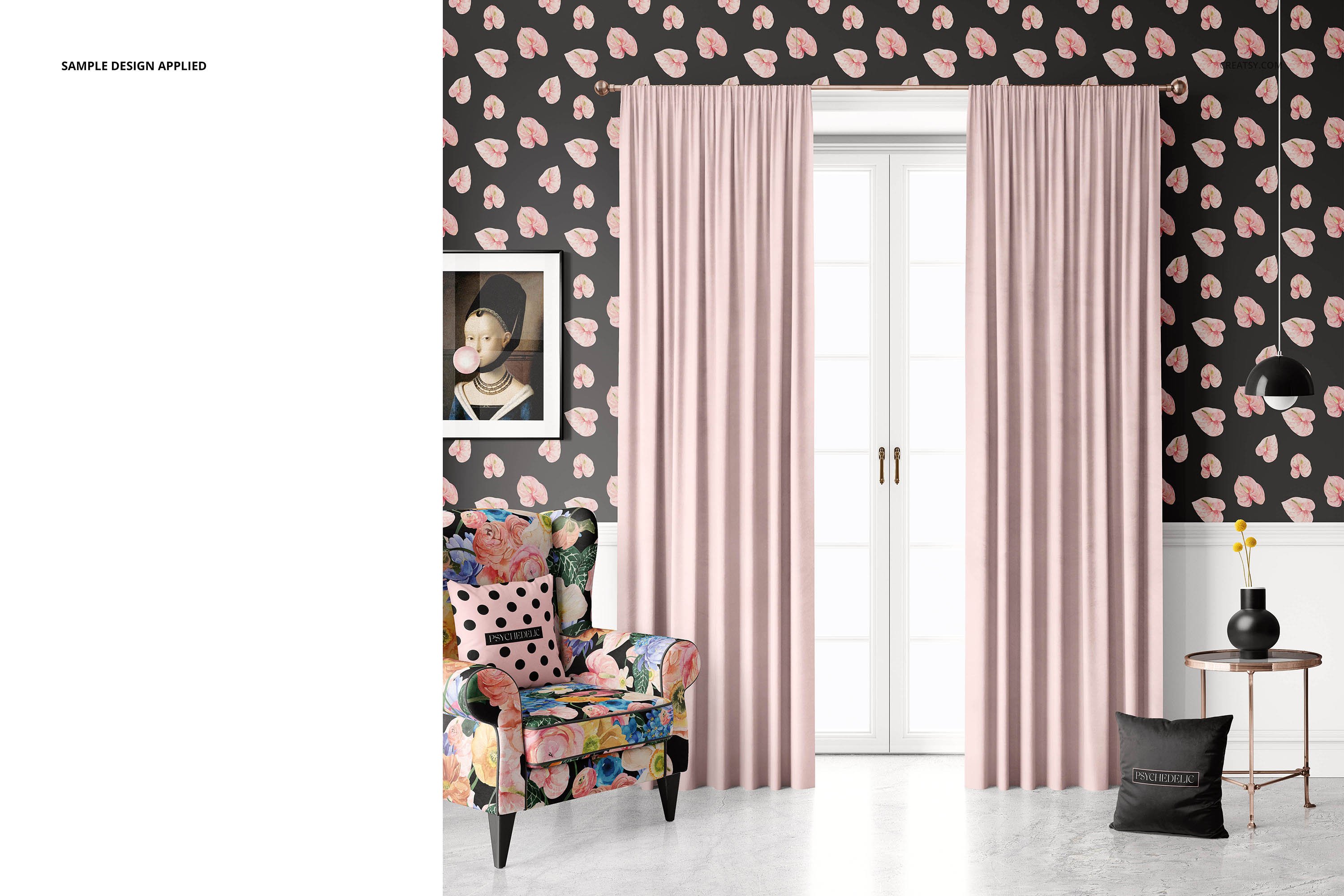 天鹅绒铅笔褶窗帘印花图案设计PS智能贴图样机 Velvet Pencil Pleat Curtains Mockup_img_2