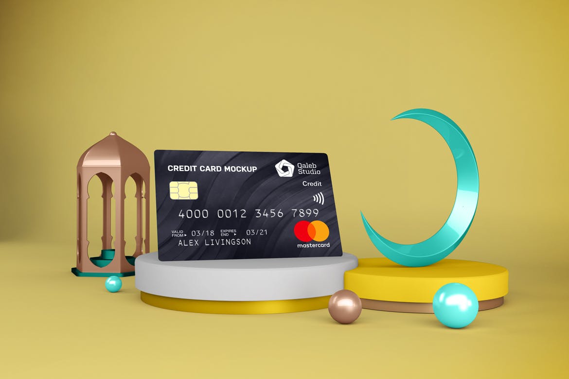 逼真阿拉伯斋月风银行信用卡卡片设计PS贴图样机模板 Ramadan Credit Card_img_2