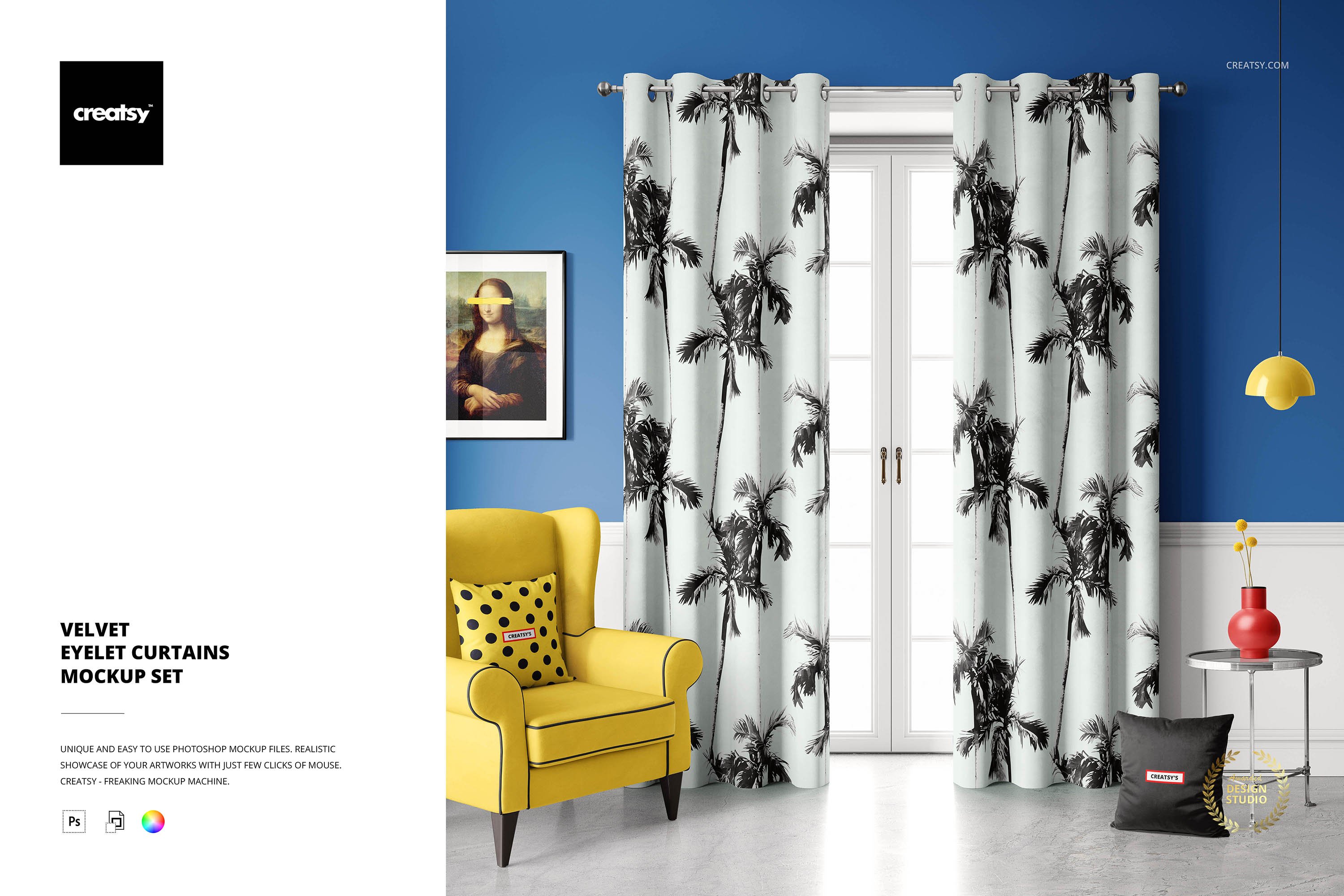 天鹅绒丝绒鸡眼窗帘印花图案设计展示样机集 Velvet Eyelet Curtains Mockup Set_img_2