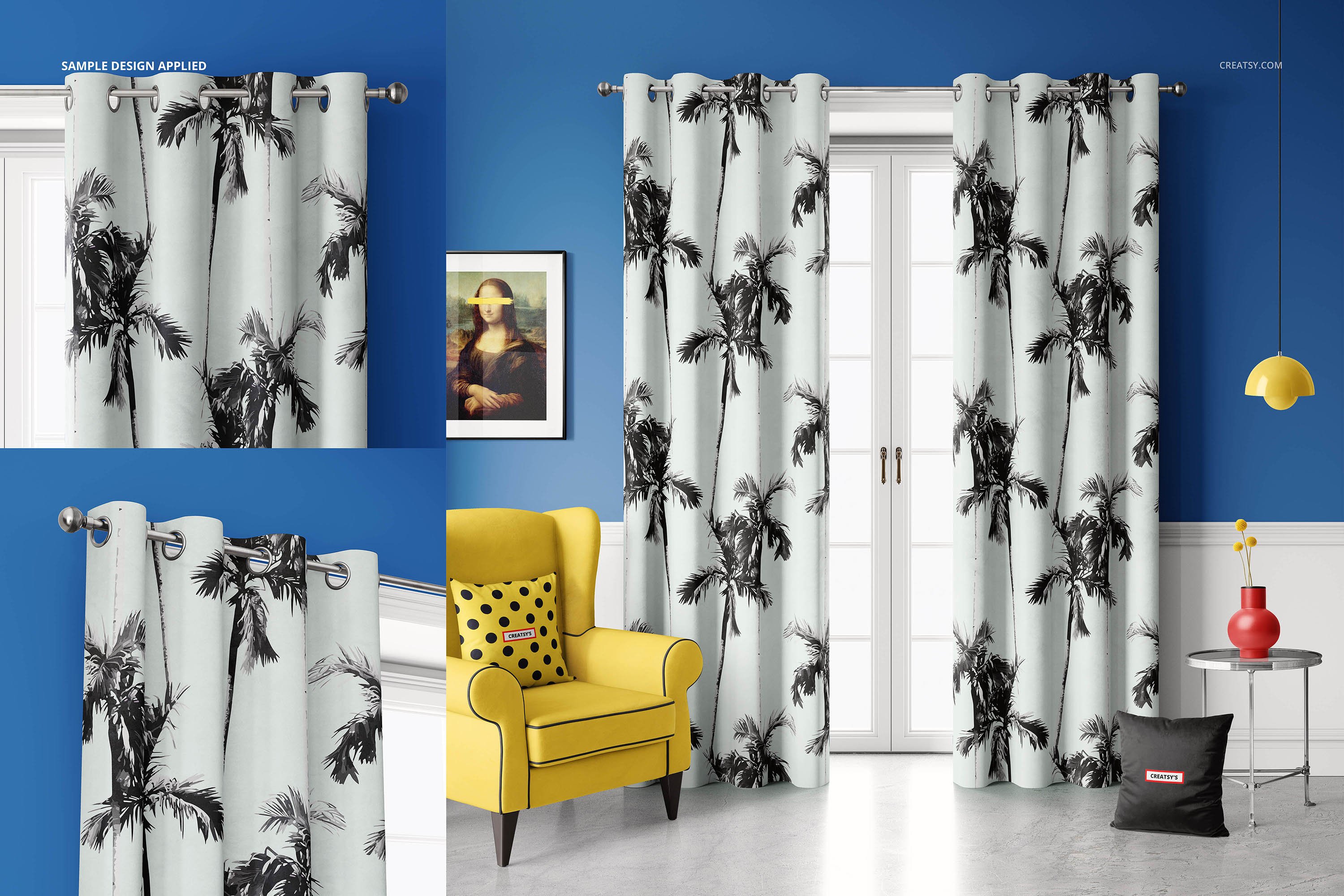 天鹅绒丝绒鸡眼窗帘印花图案设计展示样机集 Velvet Eyelet Curtains Mockup Set_img_2