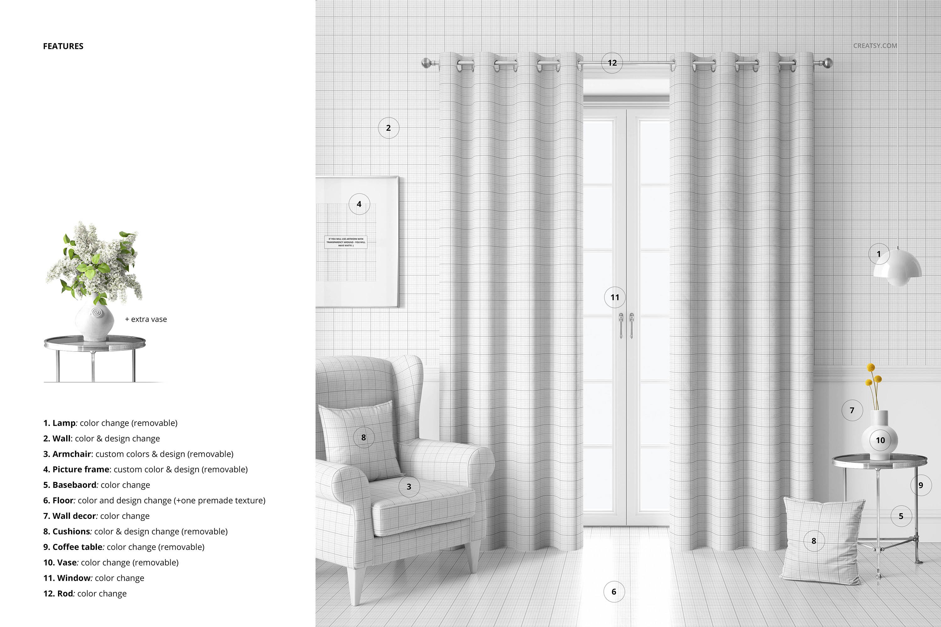 天鹅绒丝绒鸡眼窗帘印花图案设计展示样机集 Velvet Eyelet Curtains Mockup Set_img_2