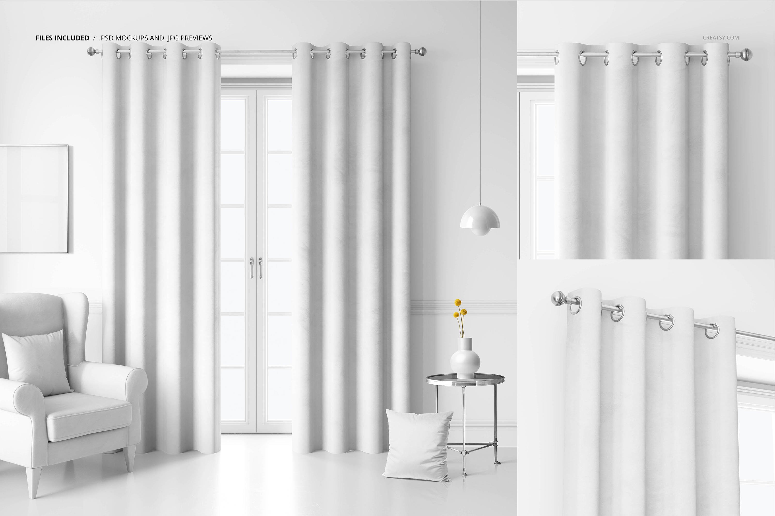 天鹅绒丝绒鸡眼窗帘印花图案设计展示样机集 Velvet Eyelet Curtains Mockup Set_img_2