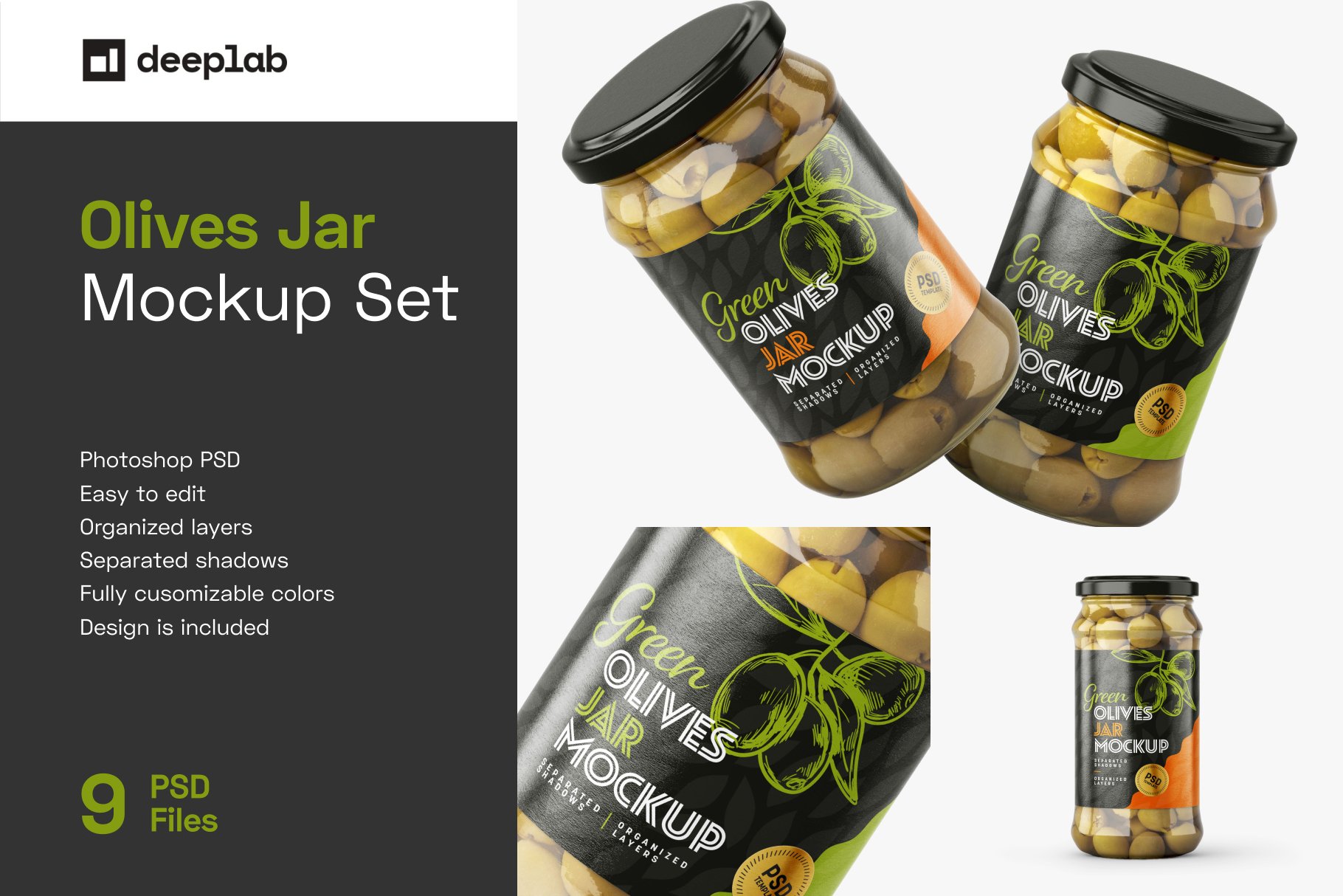 9款新潮华丽食品果酱罐头玻璃罐标签设计样机合集 Olives Jar Mockup Set_img_2