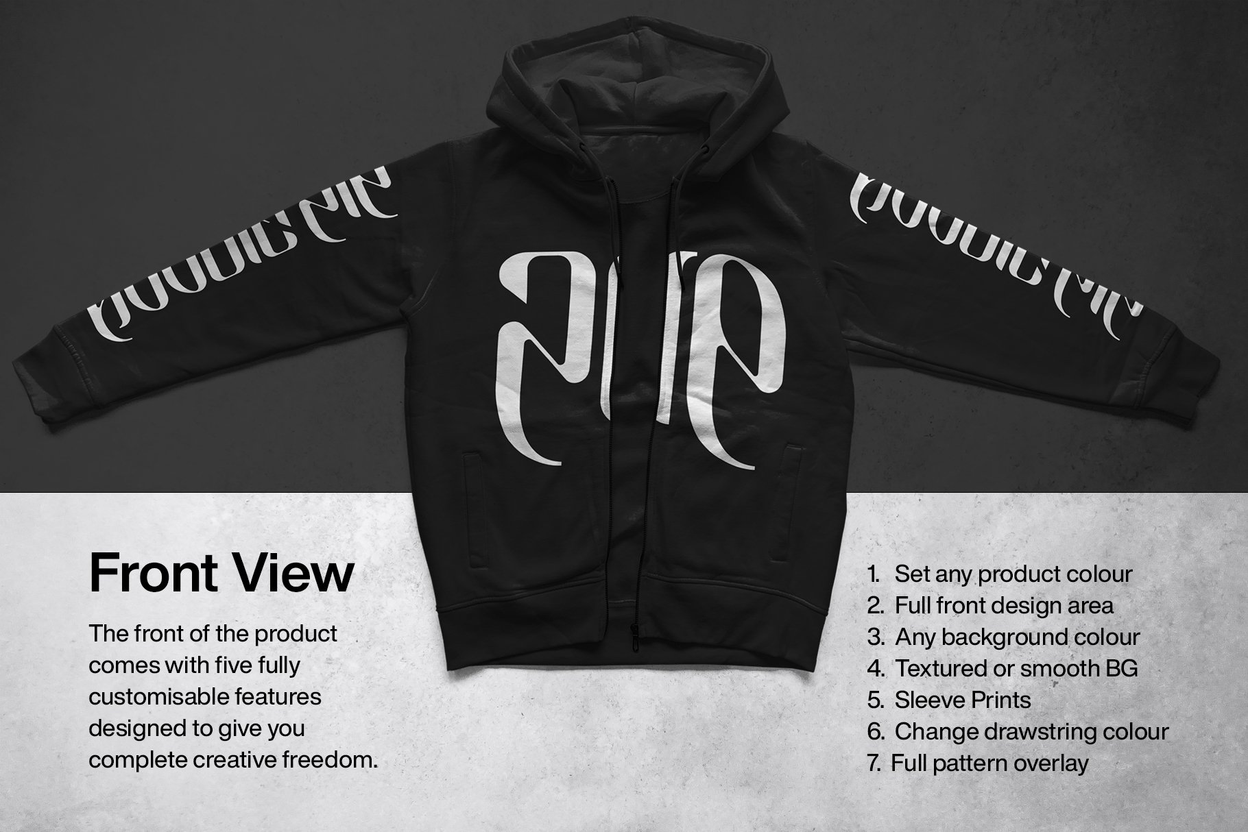 潮流拉链连衣帽卫衣印花图案设计PS智能贴图样机模板 Zip Front Hoodie Mockup_img_2