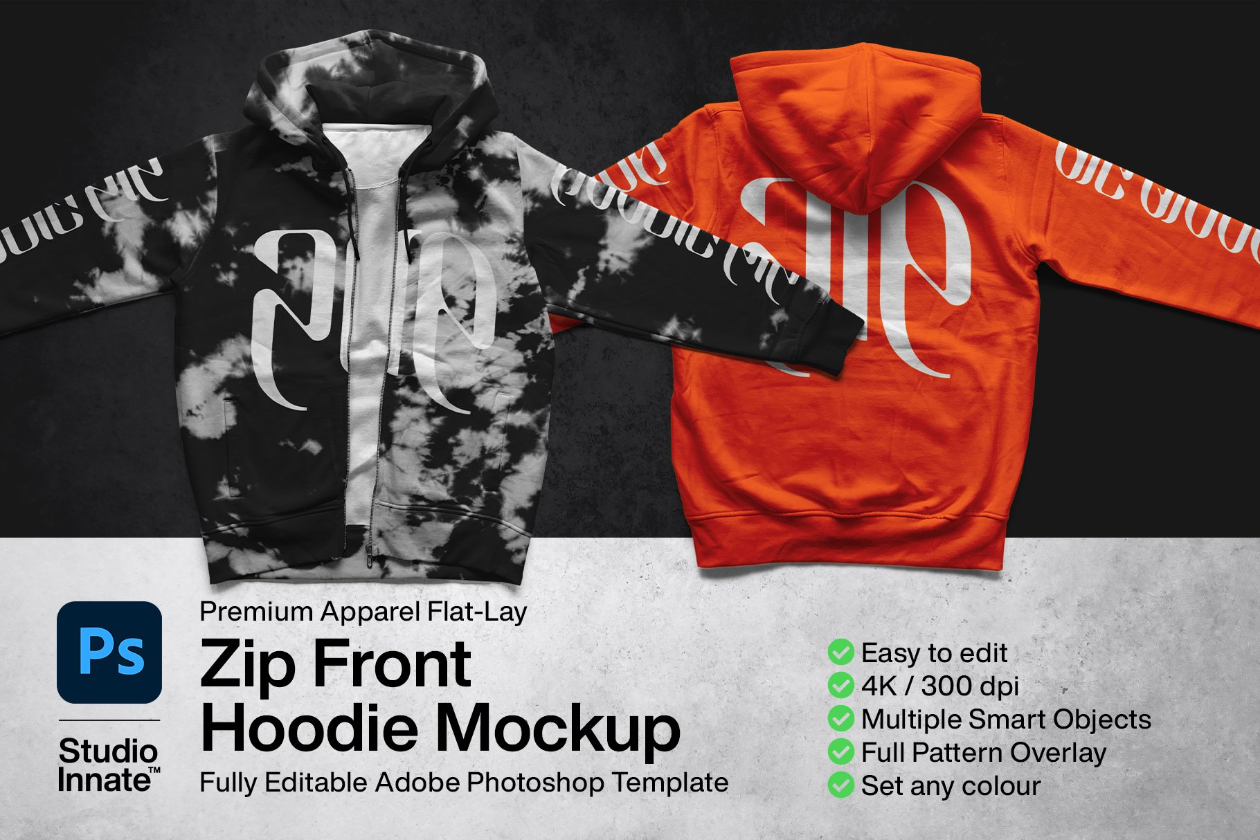 潮流拉链连衣帽卫衣印花图案设计PS智能贴图样机模板 Zip Front Hoodie Mockup_img_2