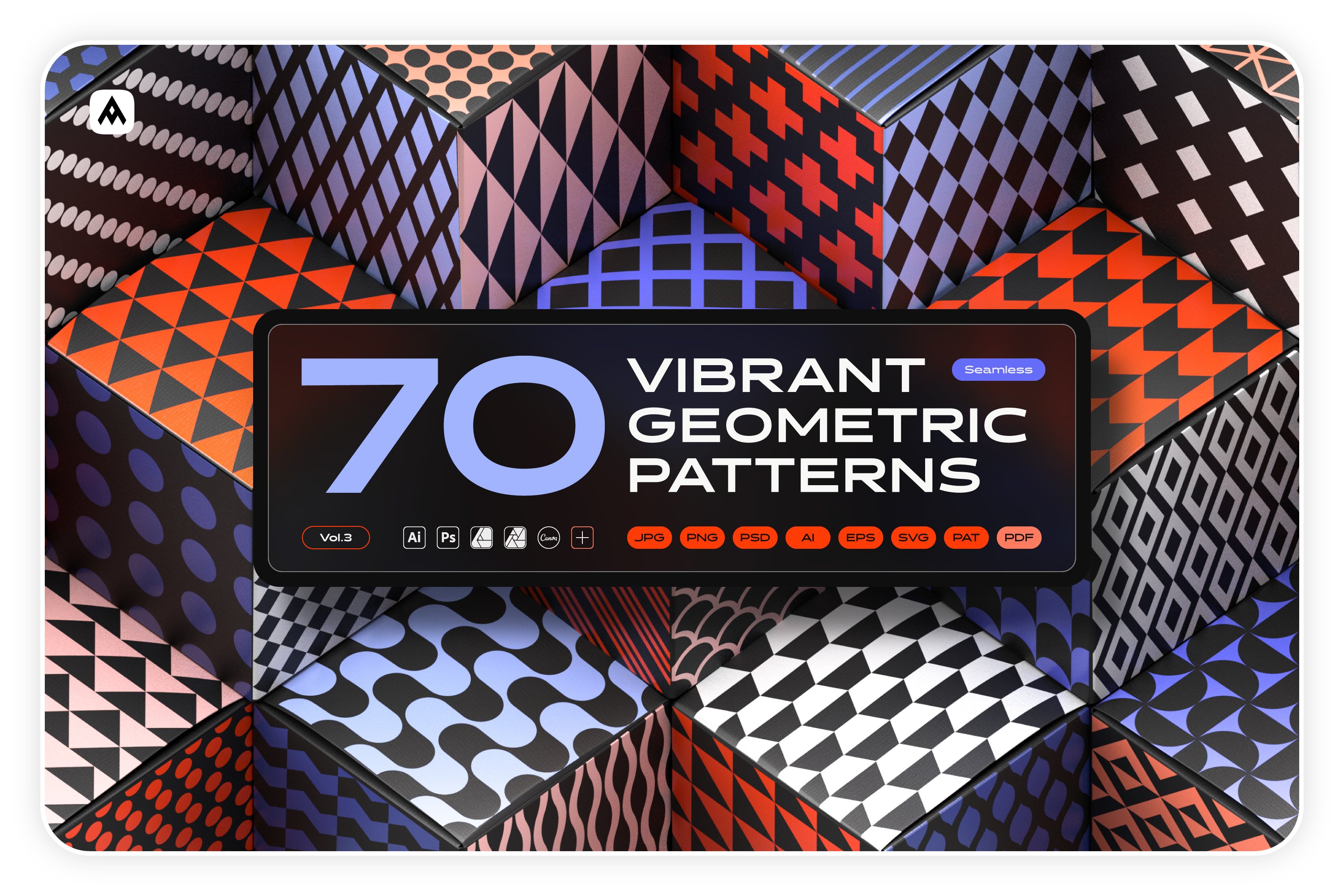 70款炫彩活力几何图形无缝隙图案底纹海报设计背景图片素材 Vibrant Geometric Seamless Patterns_img_2