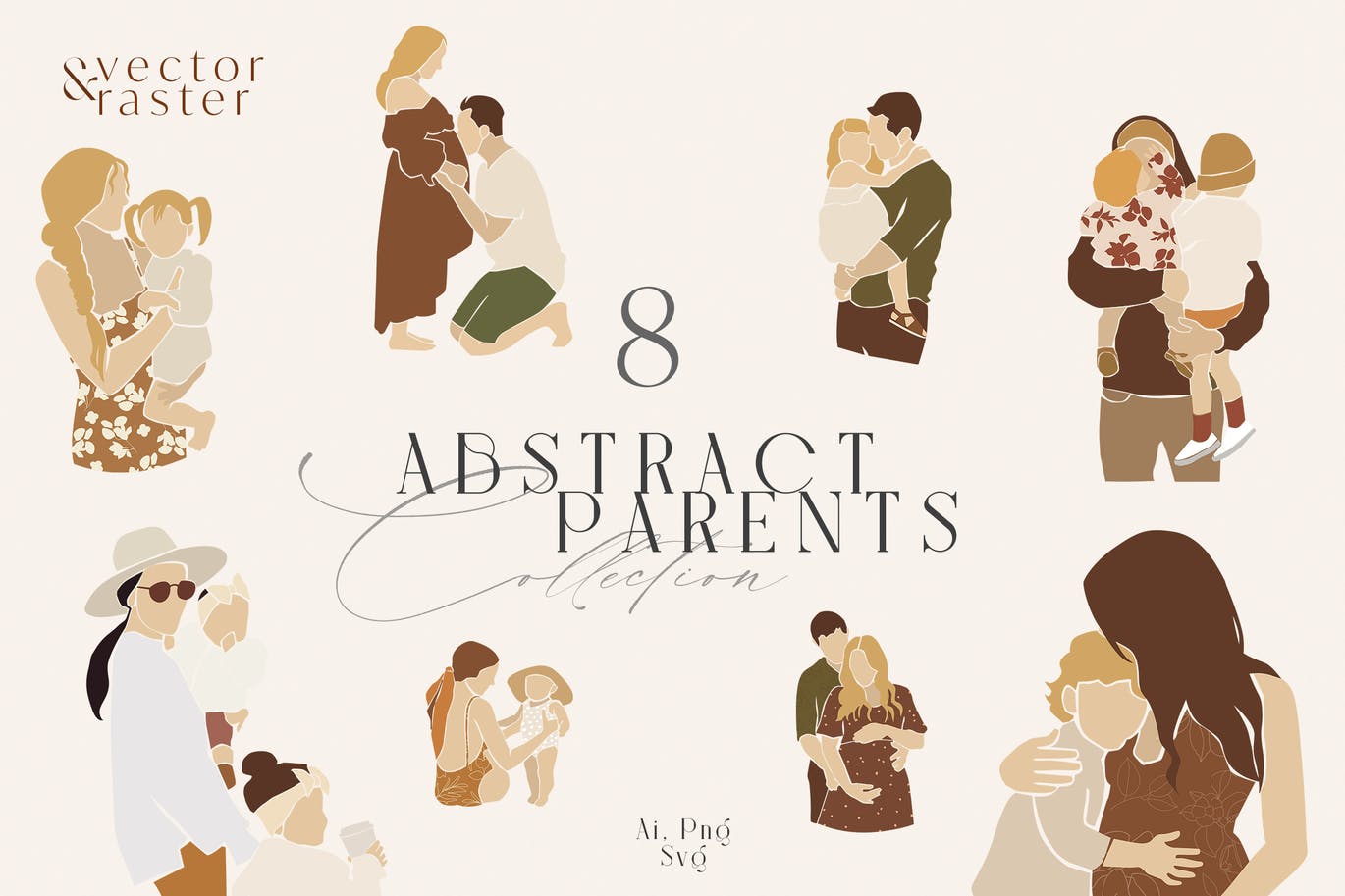 8款抽象可爱家庭场景手绘剪贴画AI矢量设计素材 Abstract Family Clipart Set_img_2