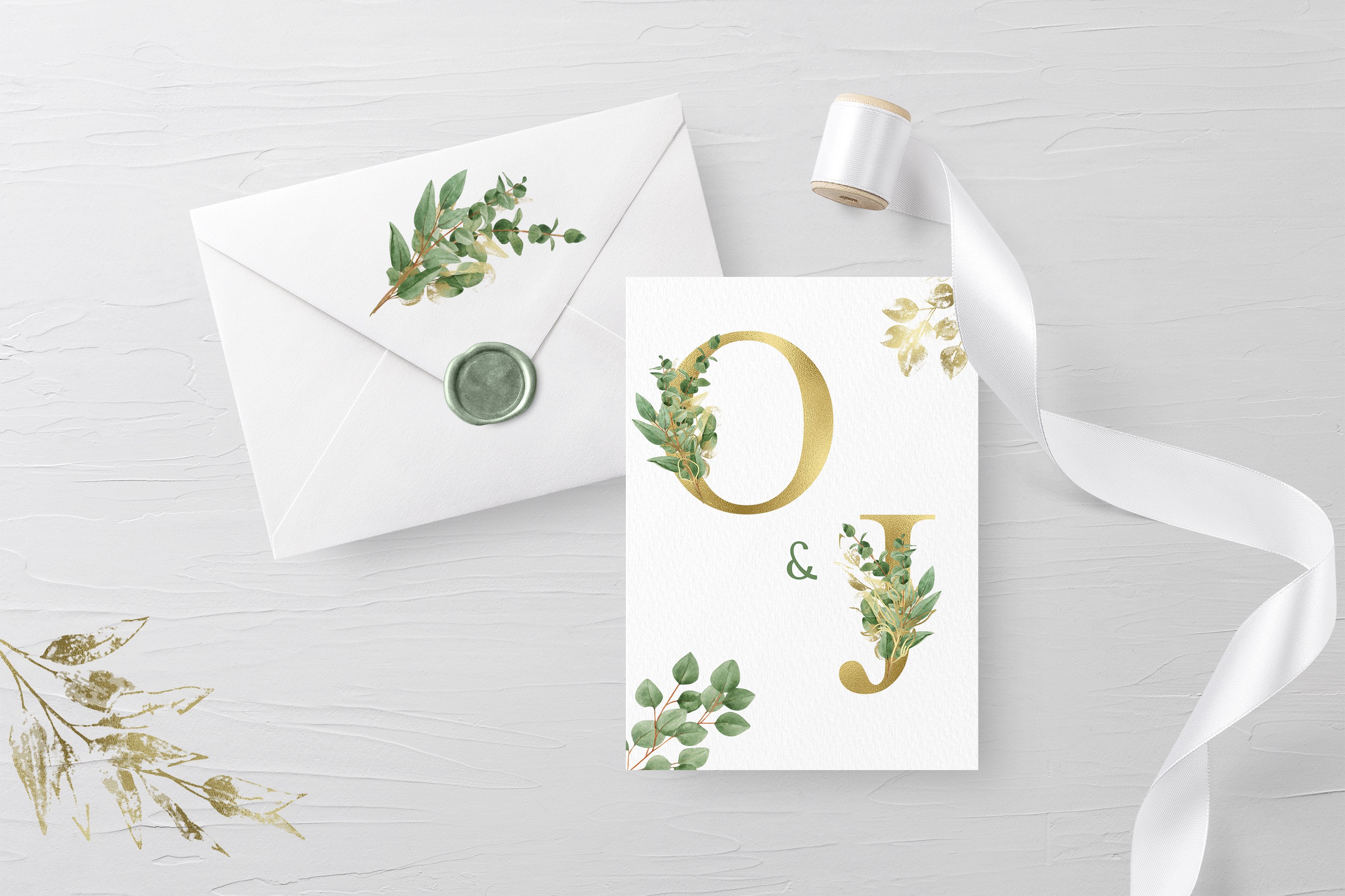 华丽金色字母树叶花卉装饰图案手绘剪贴画PNG透明图片素材 Sublimation Alphabet Gold Letters_img_2