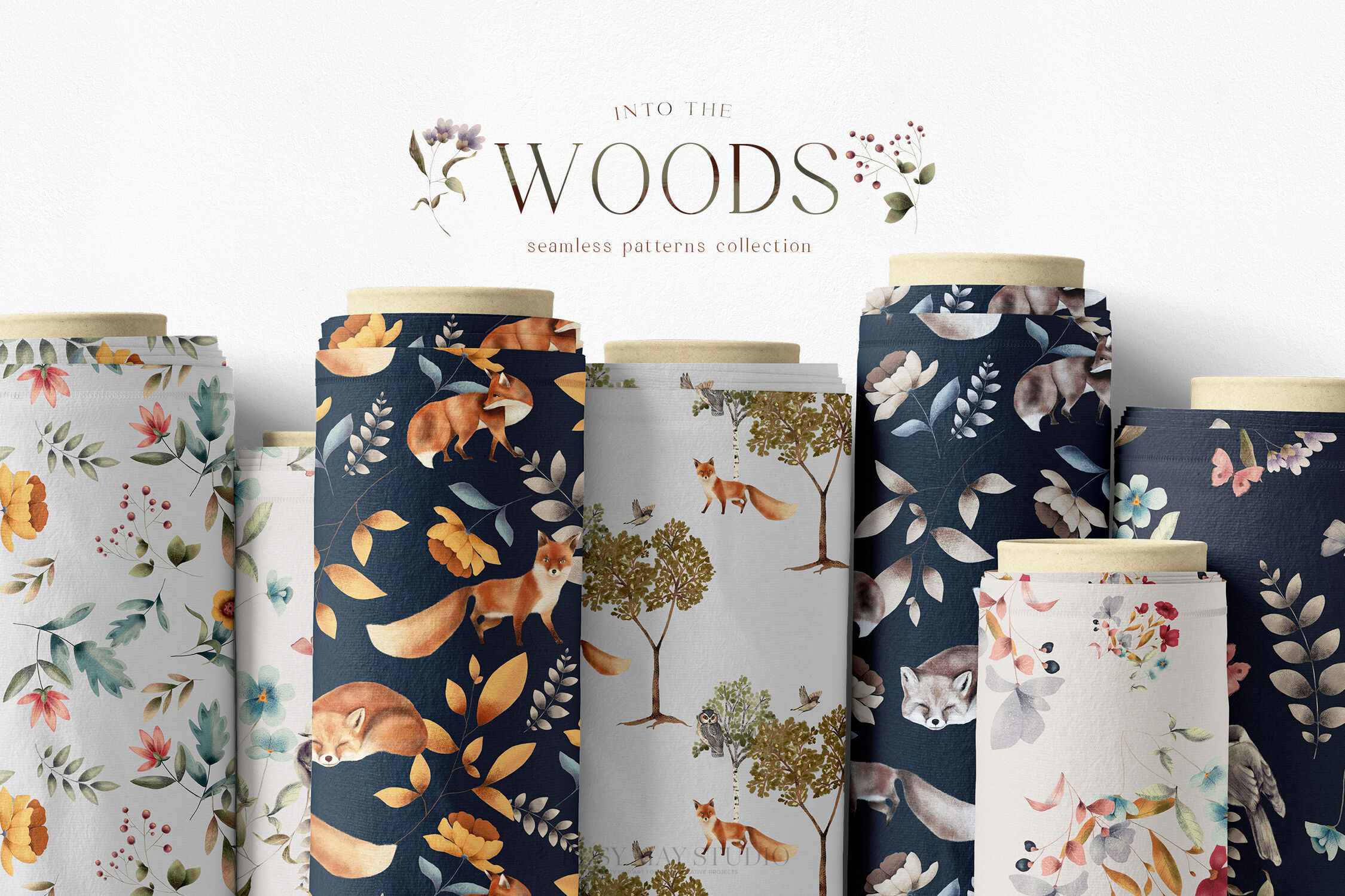 12种森林花卉动物手绘剪贴画无缝隙图案设计素材 Woodland Scene Seamless Patterns JPEG_img_2