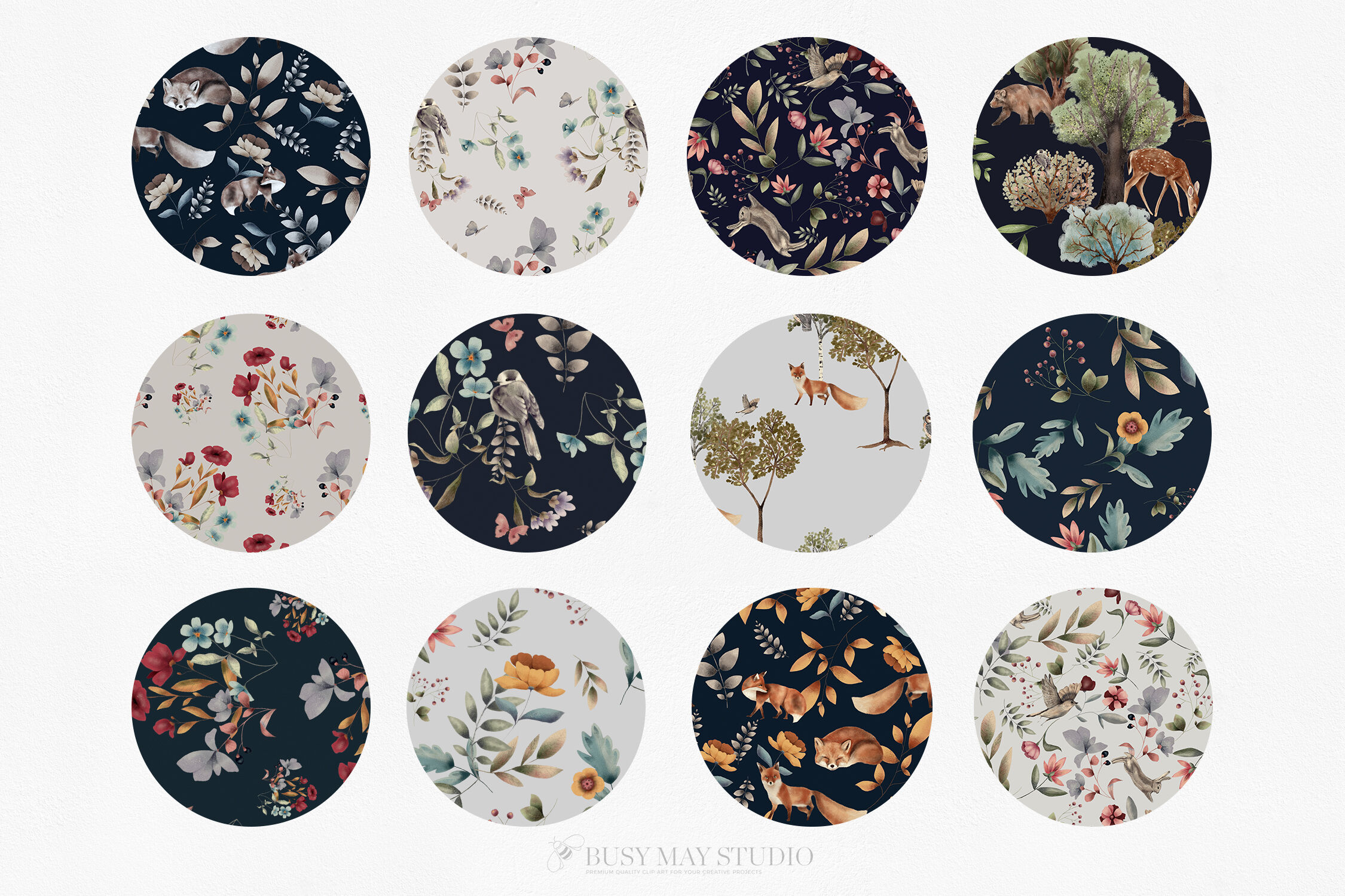 12种森林花卉动物手绘剪贴画无缝隙图案设计素材 Woodland Scene Seamless Patterns JPEG_img_2