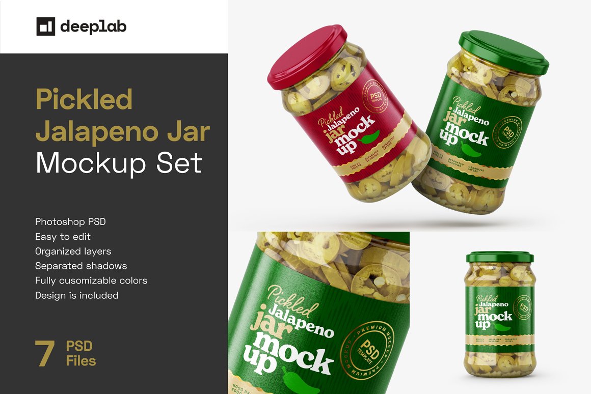 7款华丽胡椒果酱玻璃瓶标签设计展示贴图样机合集 Pickled Jalapeno Jar Mockup Set_img_2