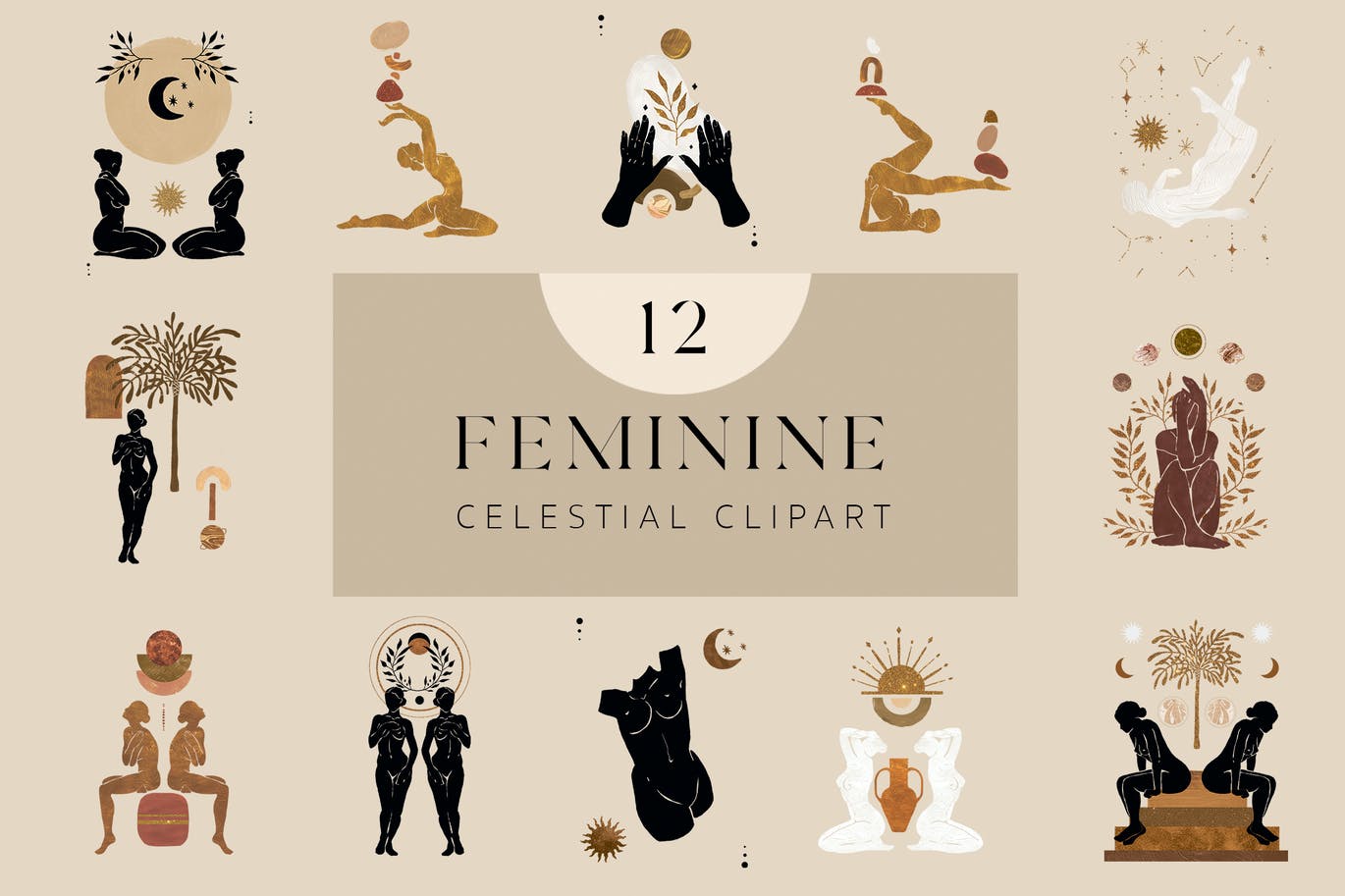 时尚优雅女性天体剪贴画PNG透明图片设计素材 Feminine Celestial Clipart Set_img_2