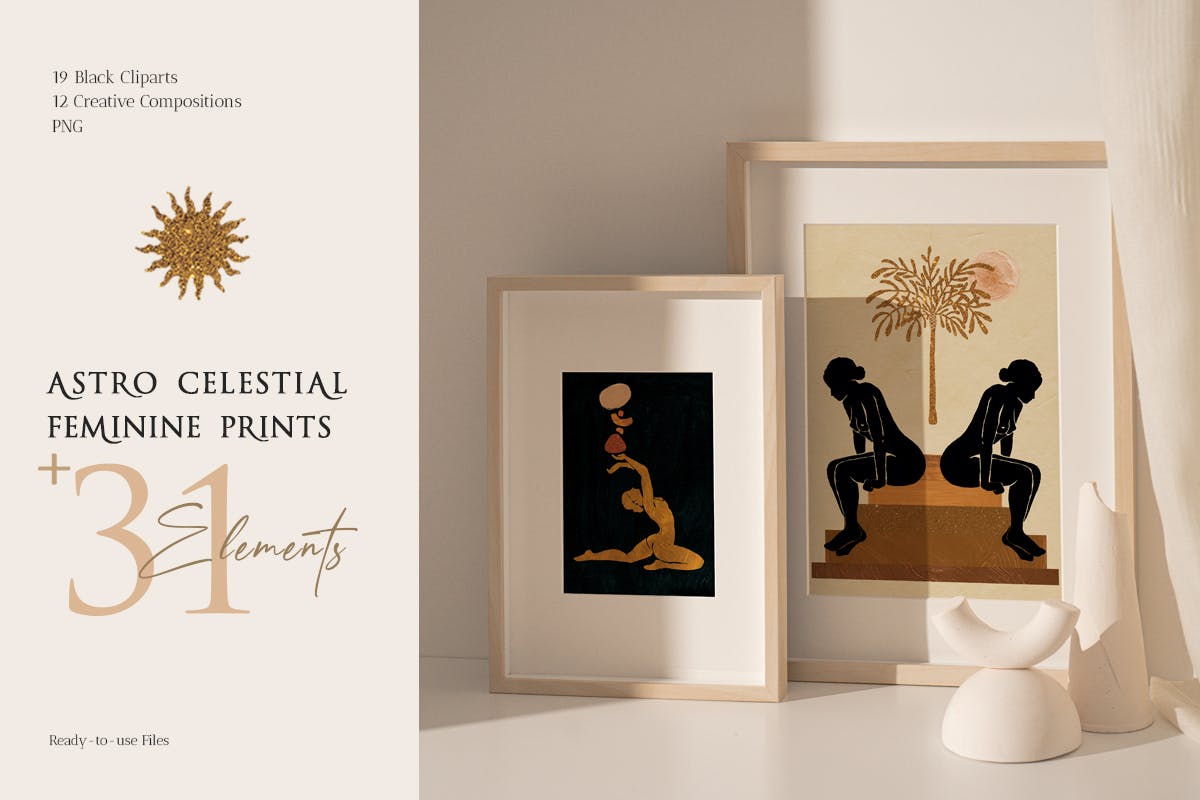 时尚优雅女性天体剪贴画PNG透明图片设计素材 Feminine Celestial Clipart Set_img_2