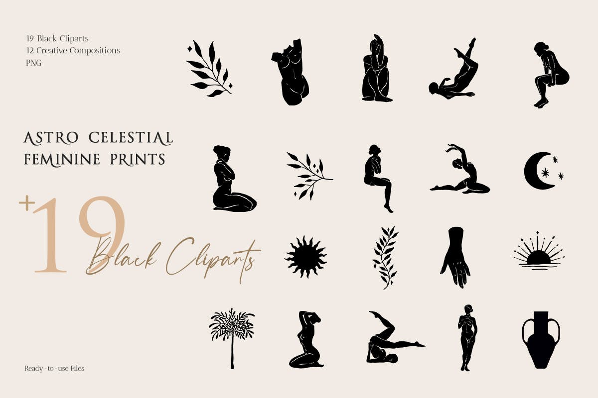 时尚优雅女性天体剪贴画PNG透明图片设计素材 Feminine Celestial Clipart Set_img_2
