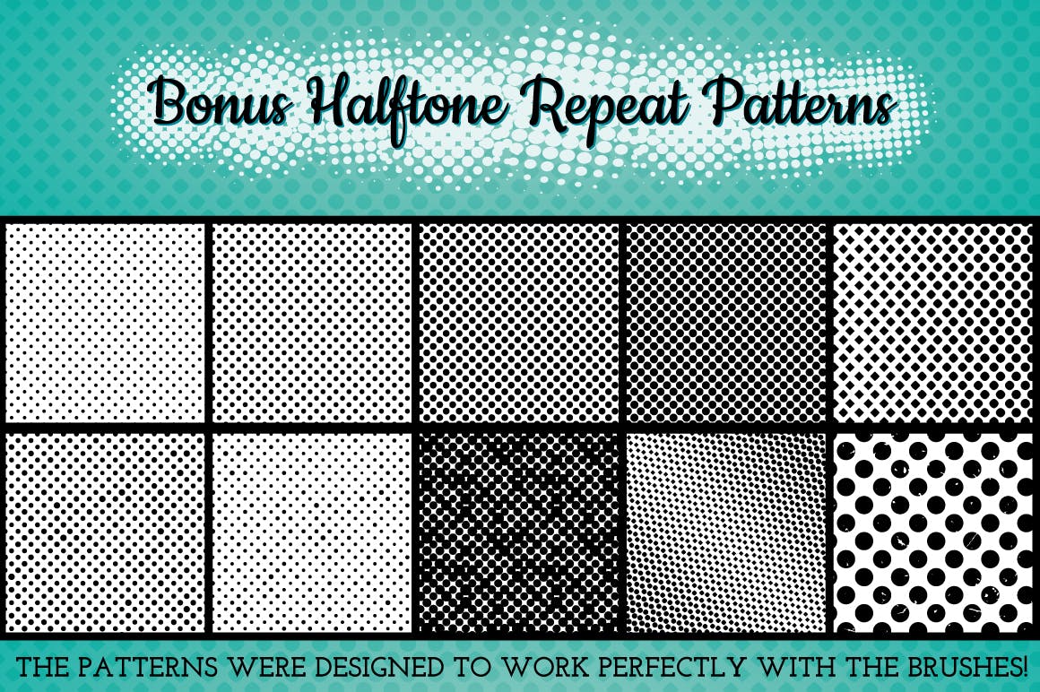 潮流复古半色调点状颗粒艺术绘画AI矢量笔刷素材 Halftone Brushes + Bonus Patterns_img_2