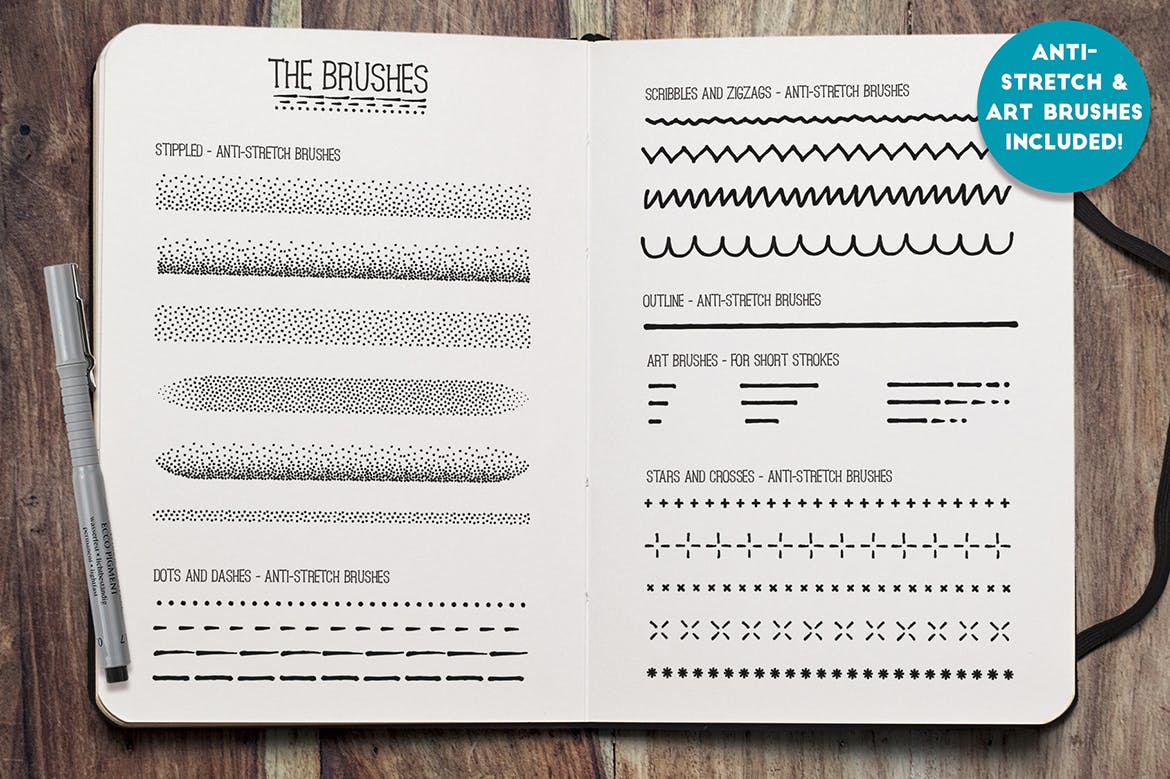 素描线条纹理涂鸦手绘AI矢量笔刷素材 Fine Liner Brushes & Patterns_img_2