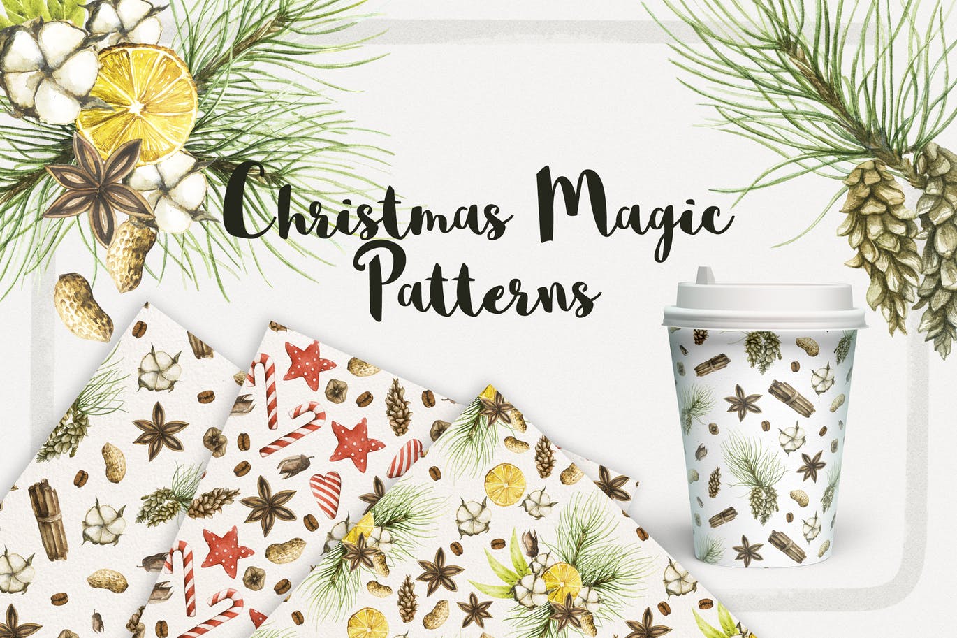 19个圣诞节主题松枝鹿角手绘剪贴画JPG图片素材 Watercolor Christmas Magic Patterns_img_2