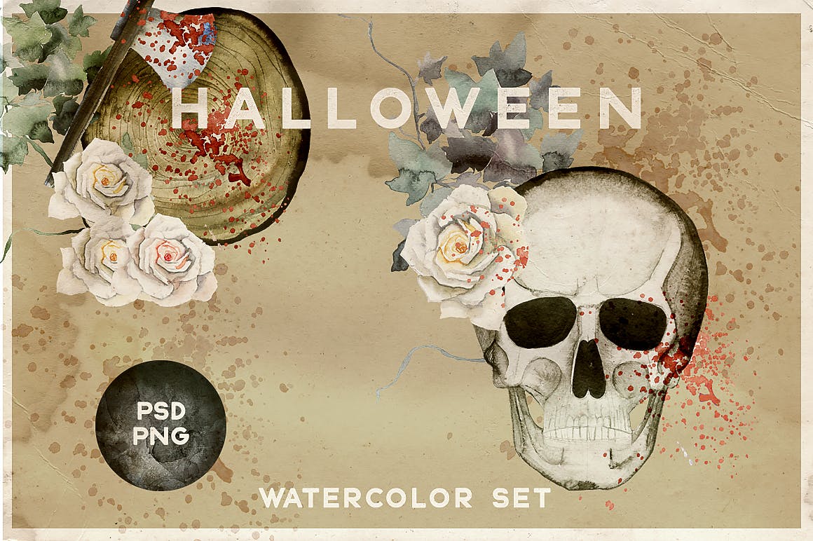 43款复古万圣节元素头骨月亮斧头手绘水彩画PNG透明图片设计素材 Watercolor Halloween Vintage Set_img_2