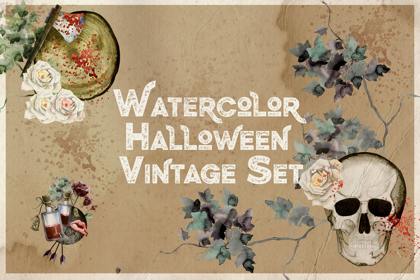 43款复古万圣节元素头骨月亮斧头手绘水彩画PNG透明图片设计素材 Watercolor Halloween Vintage Set_img_2