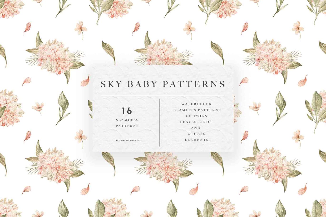 16款精致棉花小鸟树枝花卉手绘水彩画PNG无缝隙图案素材 Watercolor Sky Baby Patterns_img_2