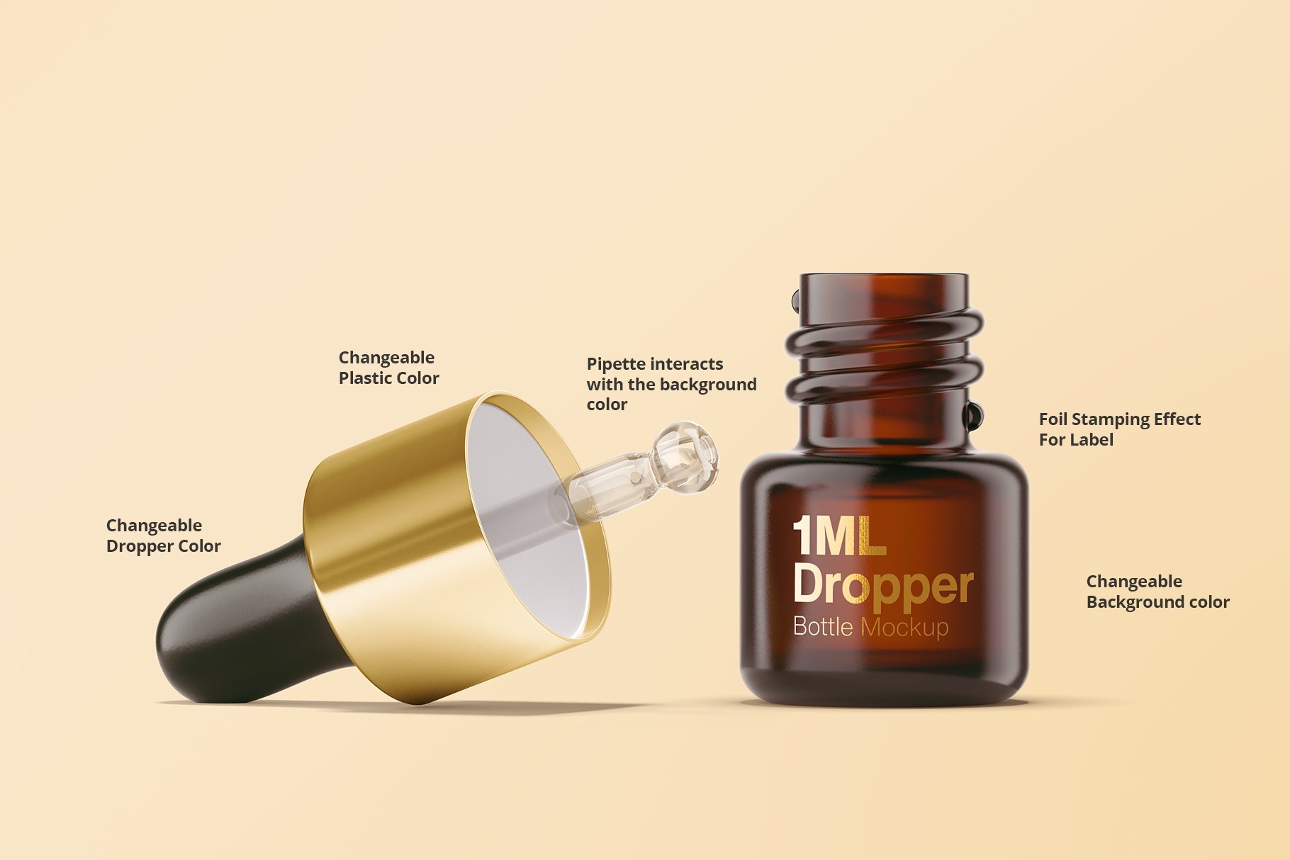 14款化妆品医疗琥珀色玻璃滴管瓶标签设计贴图样机 1ml Amber Dropper Bottle Mockup_img_2