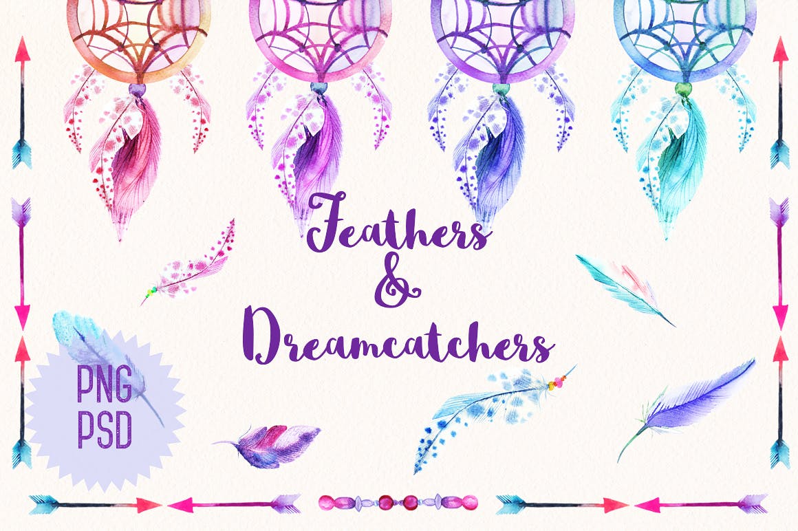 多彩羽毛手绘水彩画PS设计素材 Watercolor Feathers & Dreamcatchers_img_2