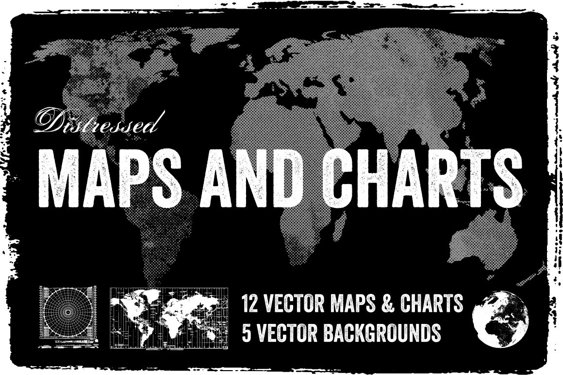 潮流复古做旧世界地图纹理海报设计背景矢量素材 Distressed Vector Maps & Charts_img_2