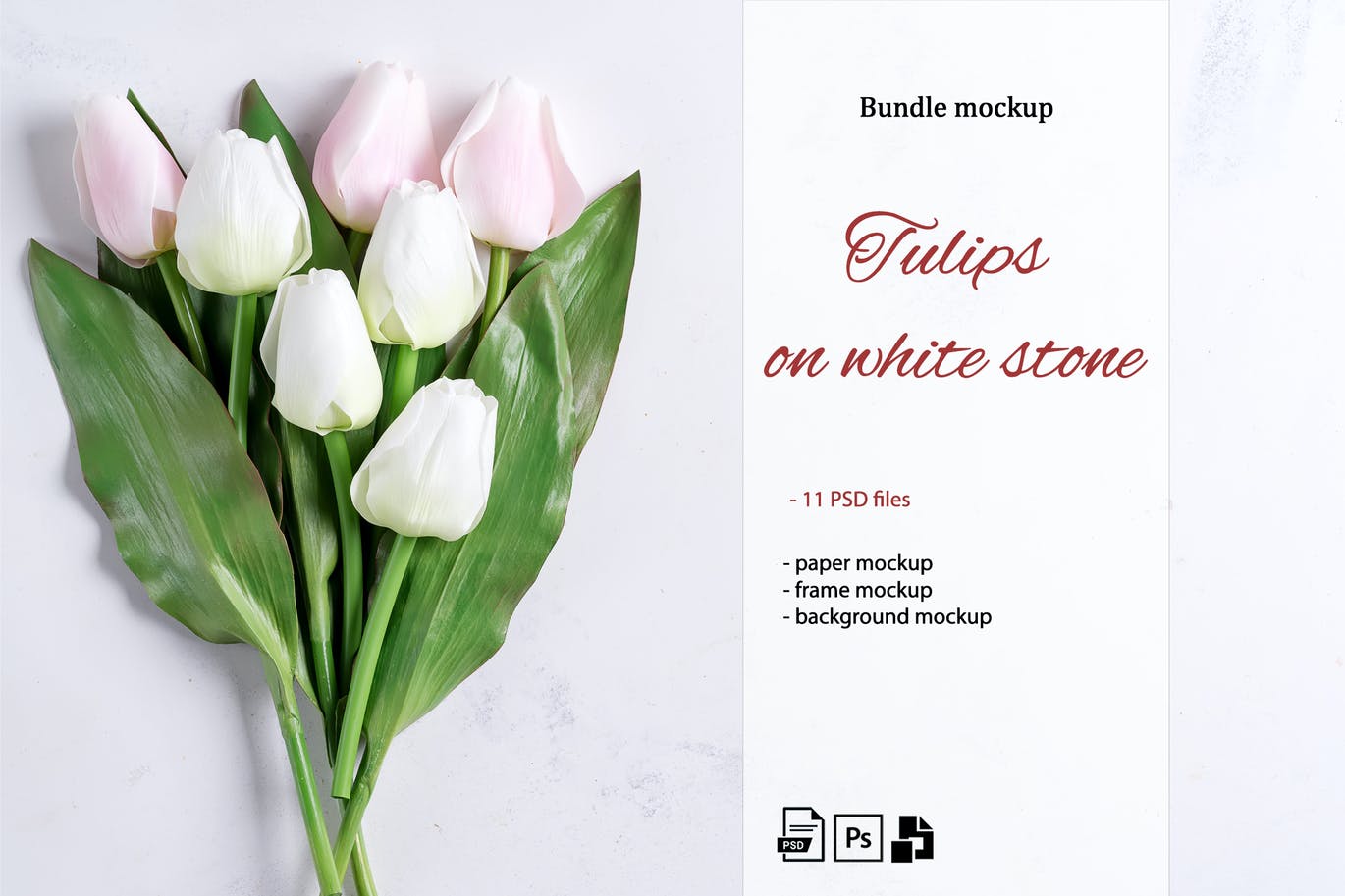 11个优雅婚礼印刷品场景样机PSD模板素材 Tulips Scene Mockup On Stone_img_2