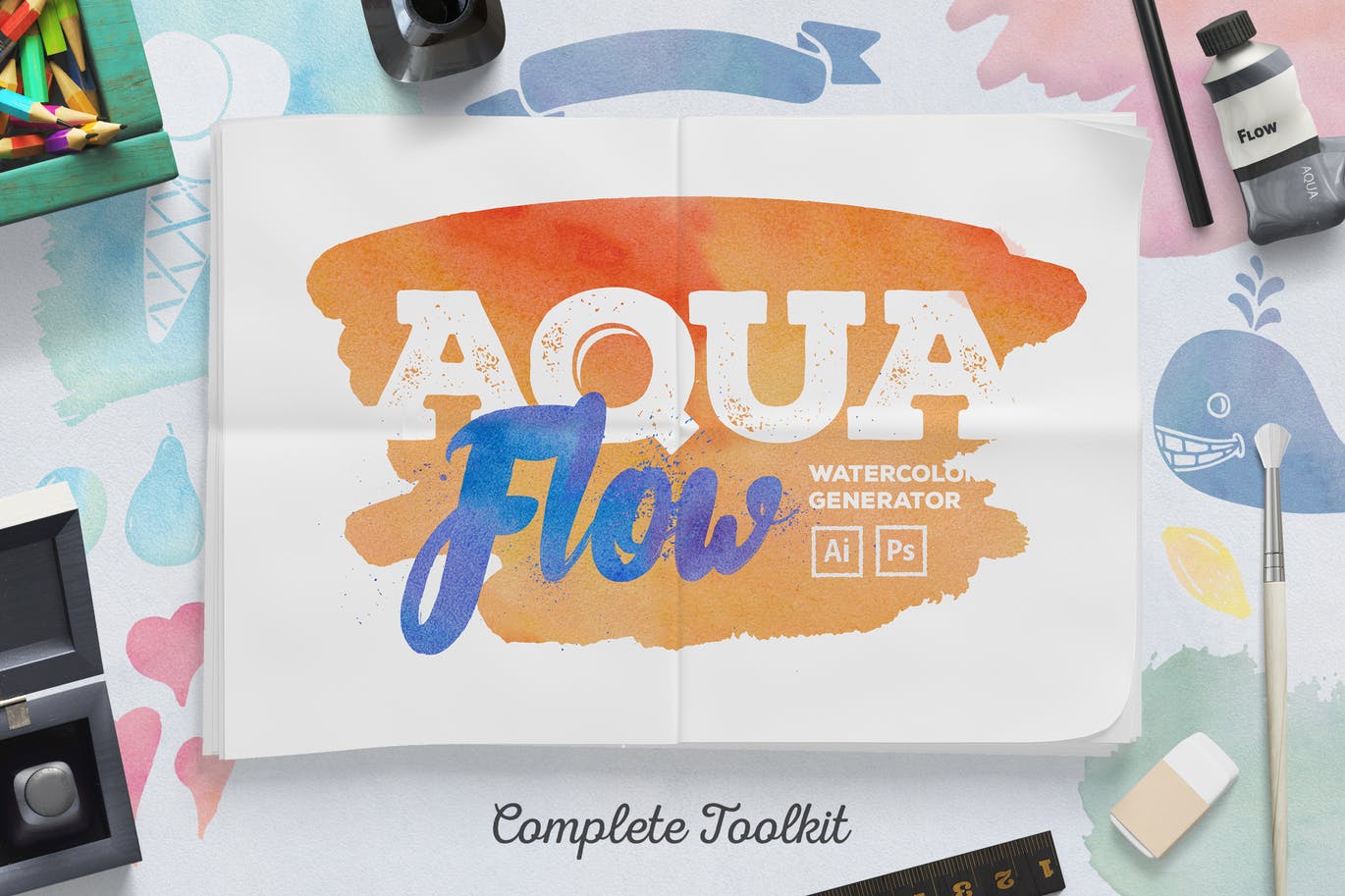 精美手绘水彩元素海报设计背景素材套装 AquaFlow Watercolor Generator_img_2