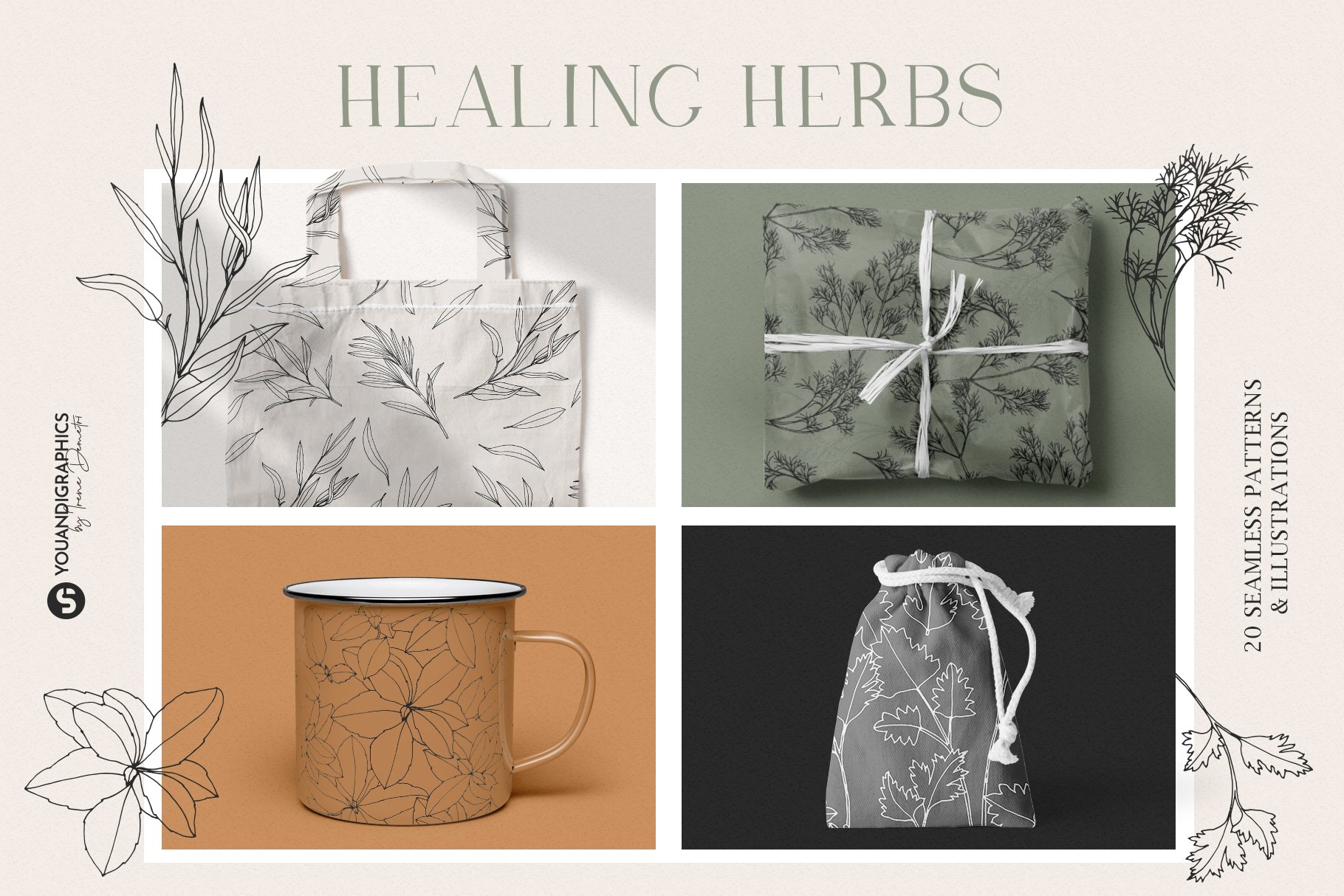 优雅中药草药花草手绘无缝隙矢量图案设计素材 Herbs Patterns & Illustrations_img_2