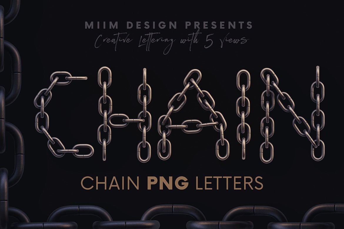 潮流逼真金属铁链链条3D模型PNG透明图片设计素材 Chain - 3D Lettering_img_2