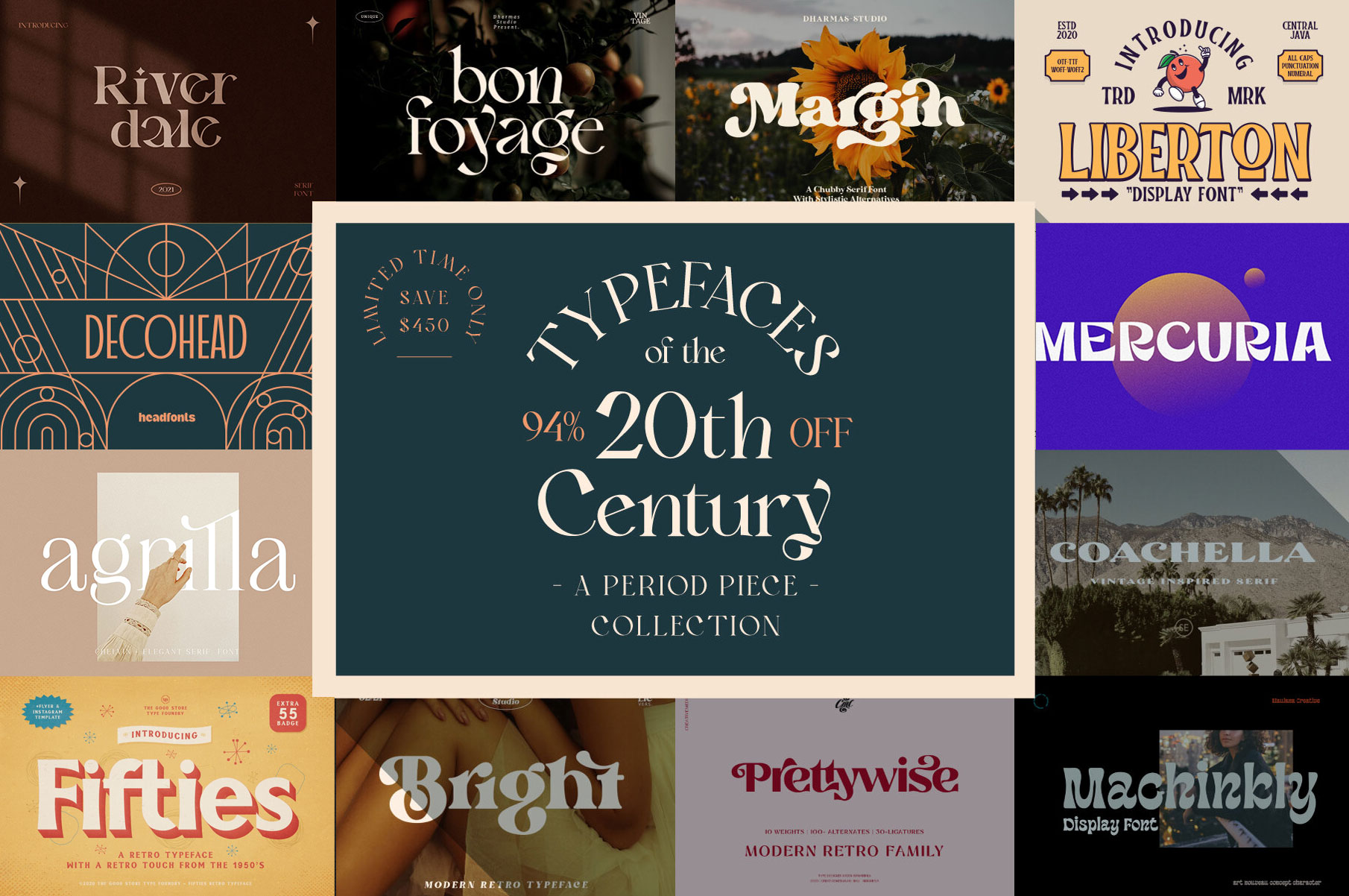 20款时尚优雅奢华复古杂志标题徽标Logo设计英文字体素材套装 Typefaces Of The 20th Century Bundle_img_2