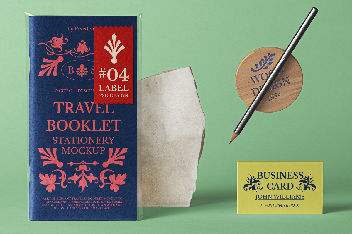 品牌设计旅行笔记本名片展示PSD样机素材 Travel Psd Booklet Mockup Scene_img_2