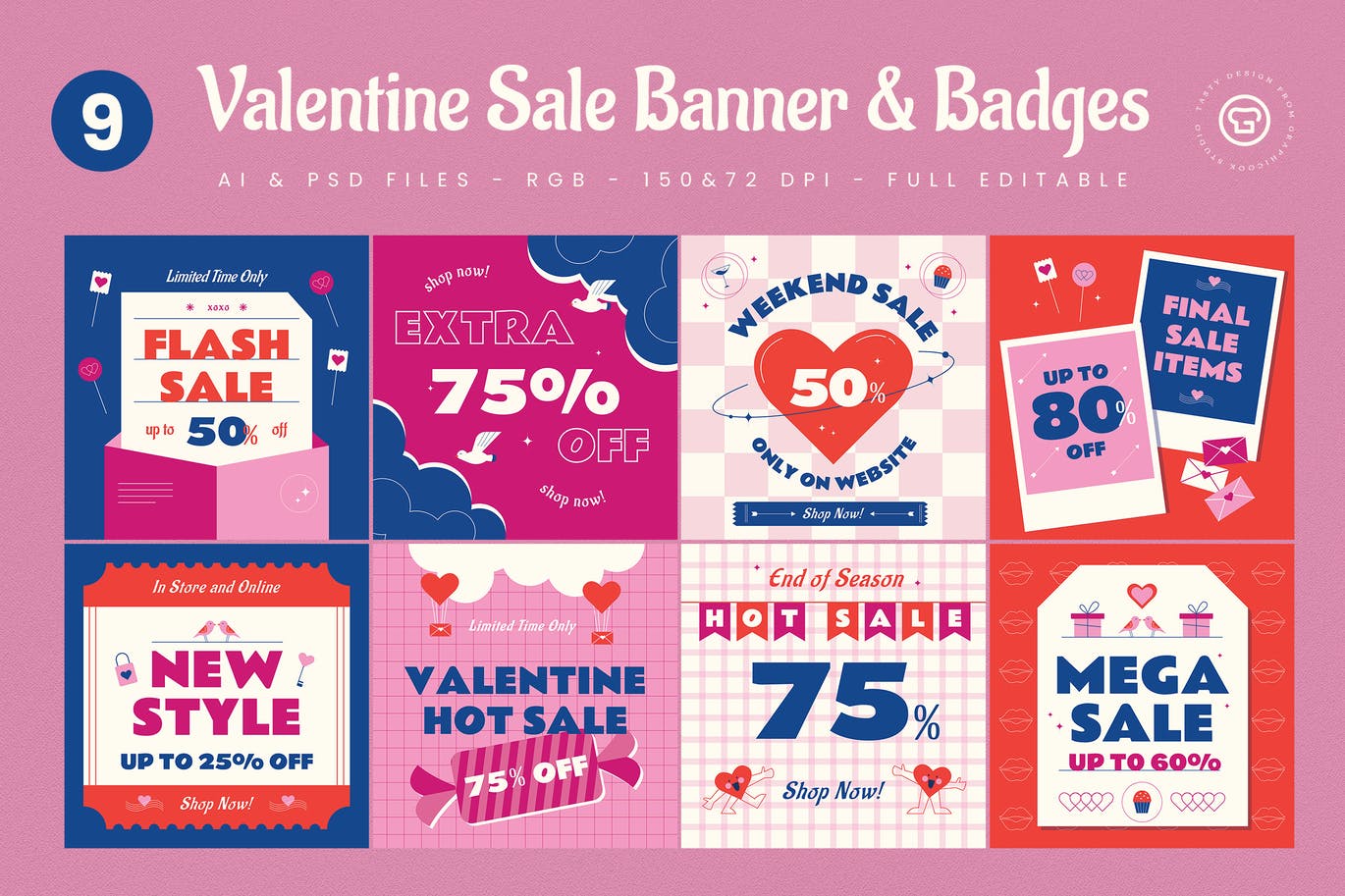 9款情人节七夕心形促销海报设计模板素材 9 Valentine Sale Banners_img_2